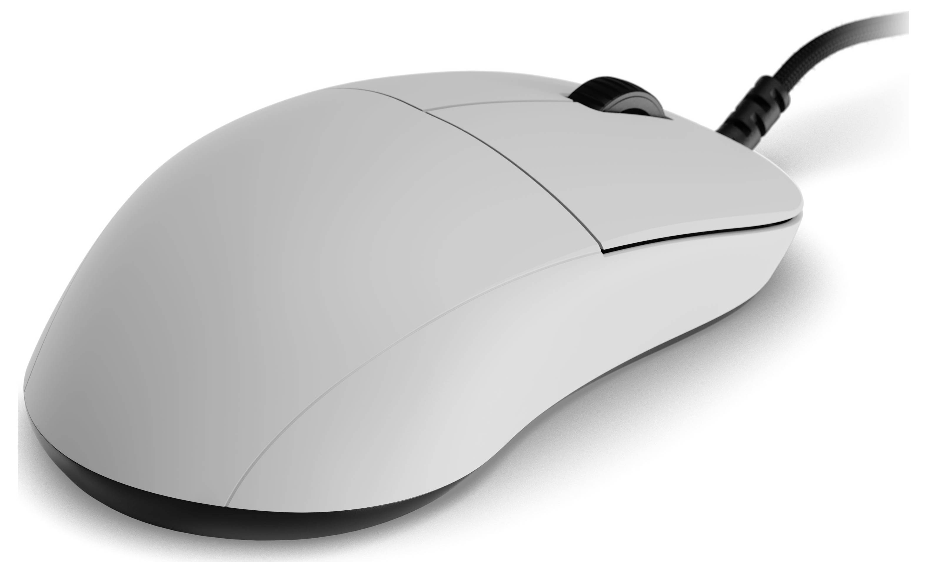 Eine silberne Computermaus mit einem Scrollrad, verbunden durch ein Kabel.