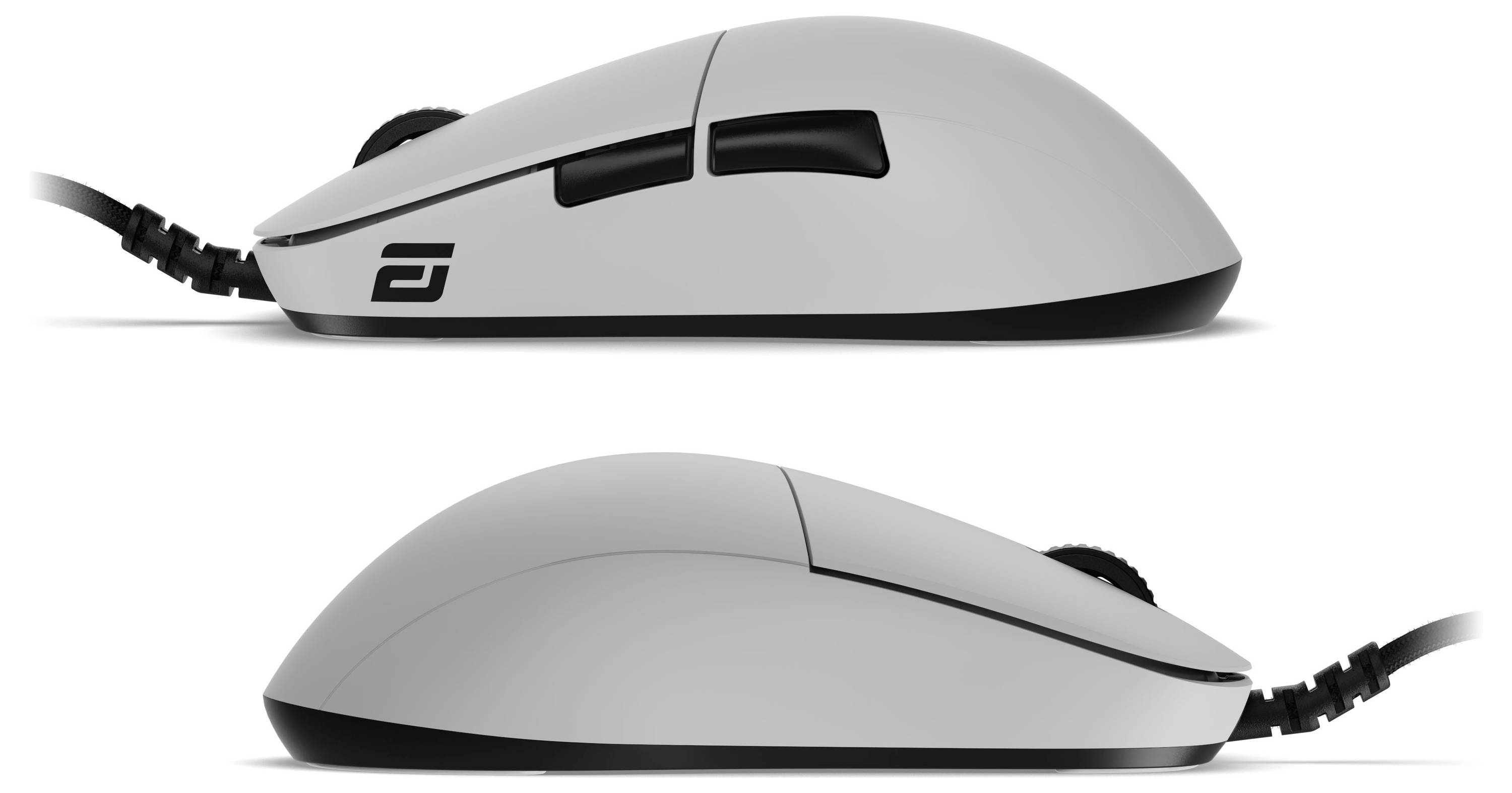 Zwei Seitenansichten einer Computermaus, die Tasten und ergonomische Form zeigen. Das obere Bild hebt die Tastaturdetails hervor, das untere betont das elegante Design.