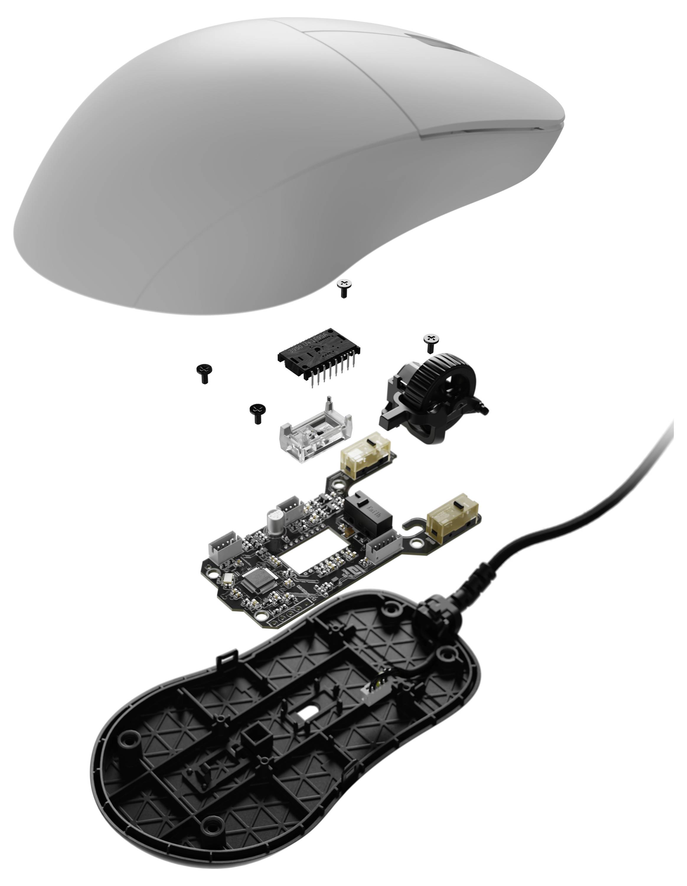 Computermaus mit abnehmbarem Deckel, der interne Komponenten wie Leiterplatte, Tasten und Scrollrad zeigt, die unter der Schale angeordnet sind.