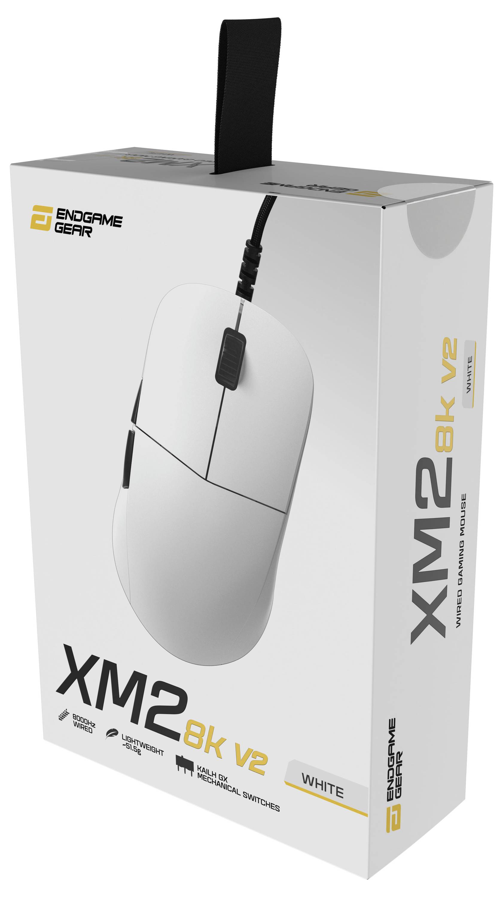 Eine weiße Endgame Gear XM2 8k V2 Gaming-Maus in ihrer Verpackung, mit minimalistischem Design, kabelgebundener Verbindung und ergonomischer Form.