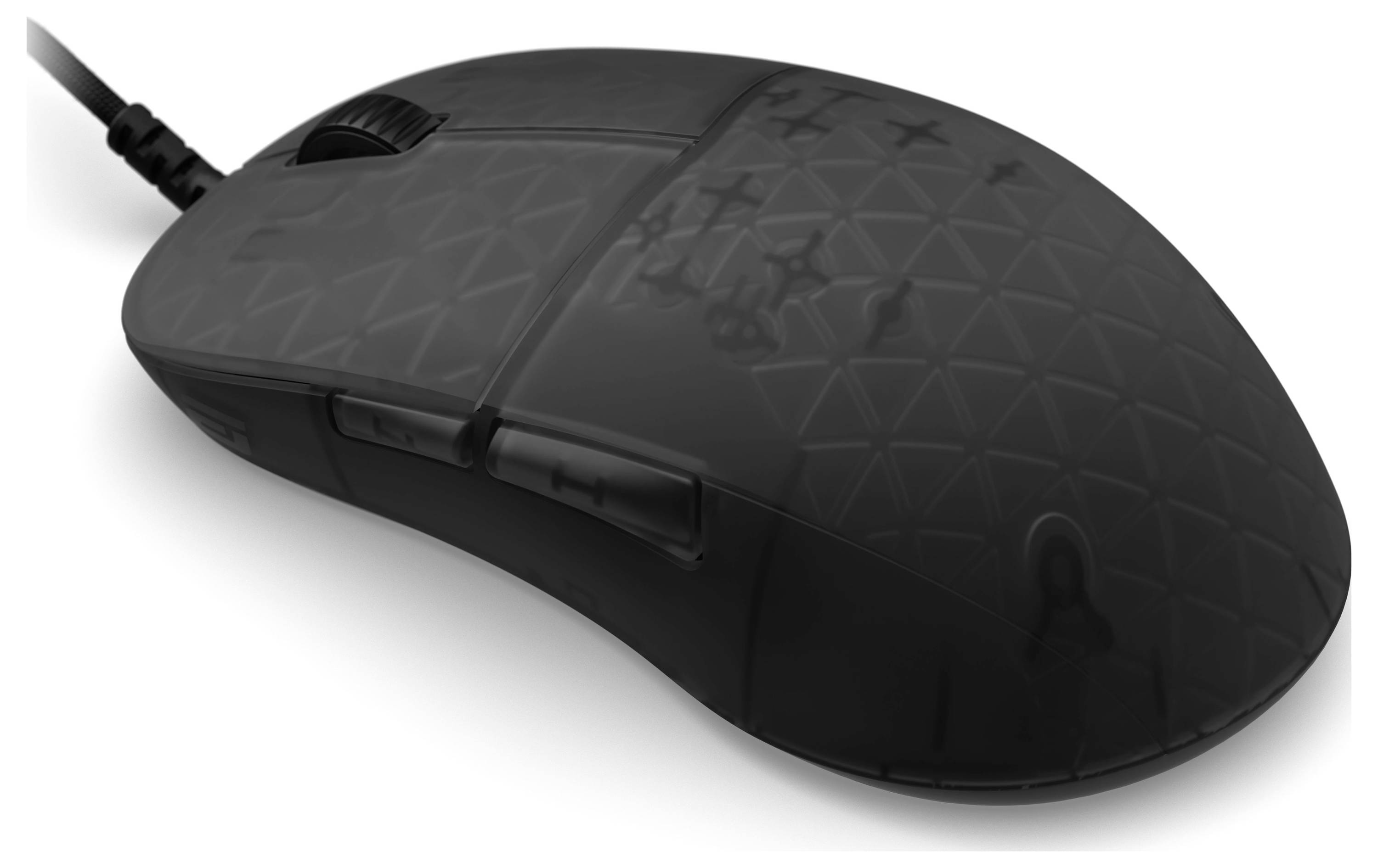 Eine schwarze Computermaus mit strukturierter Oberfläche, ausgestattet mit linken und rechten Tasten, einem Scrollrad und zusätzlichen Seitentasten.