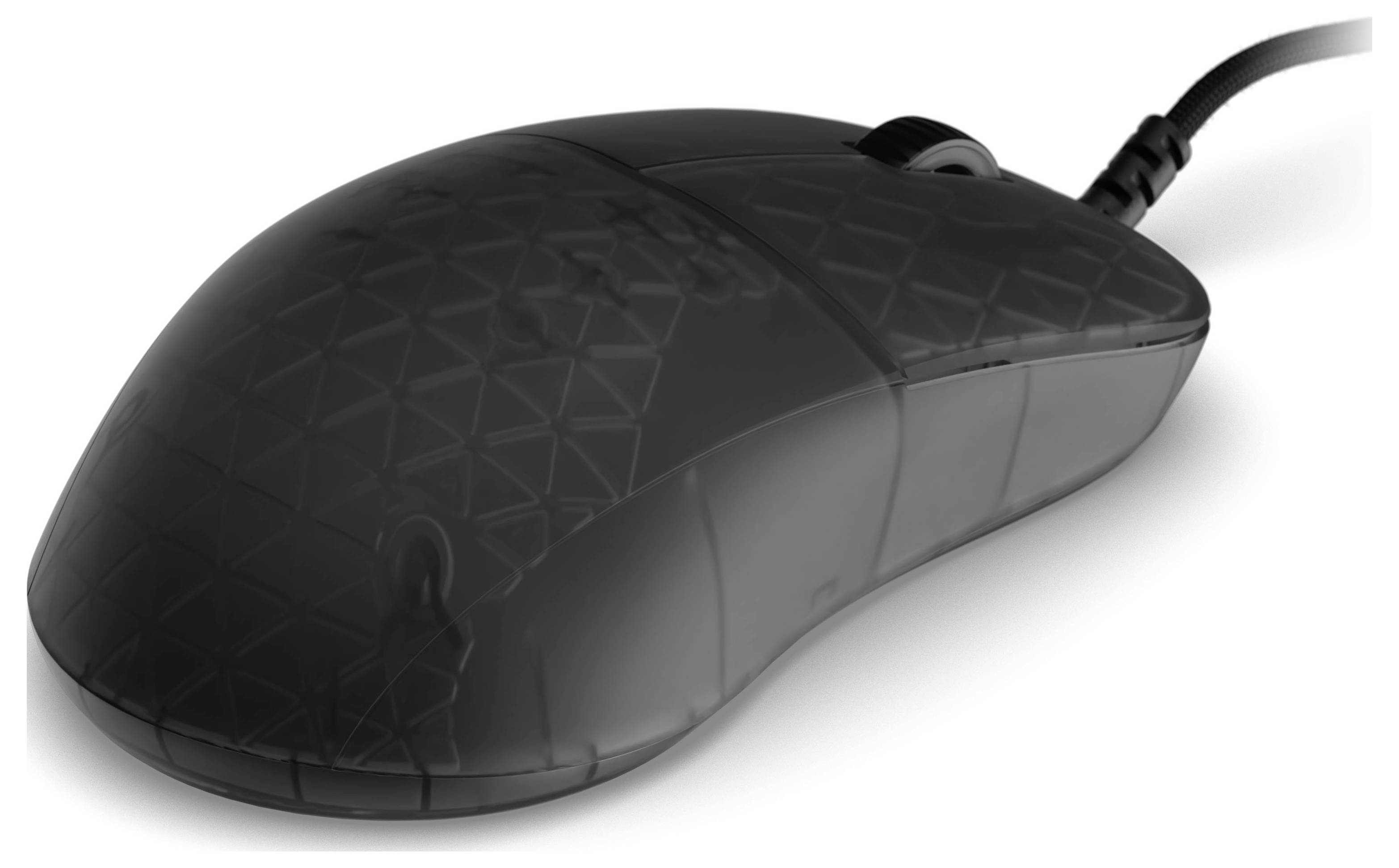 Eine kabelgebundene Computermaus mit einem geometrischen Muster auf ihrer Oberfläche, zeigt eine Seitenansicht mit Fokus auf die Form und Textur.