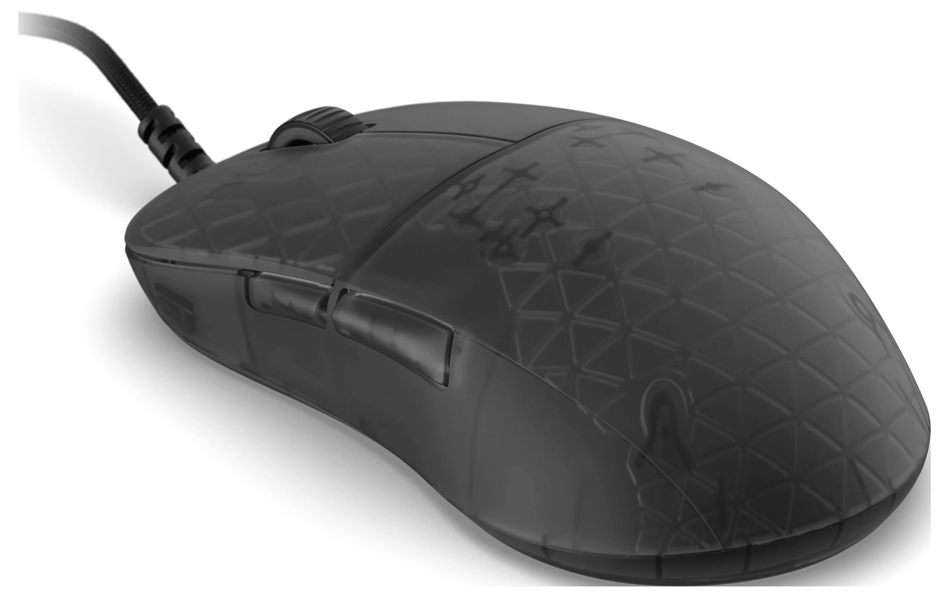 Eine schwarze Computermaus mit strukturierter Oberfläche, ausgestattet mit zwei Tasten, einem Scrollrad und einem Verbindungskabel.