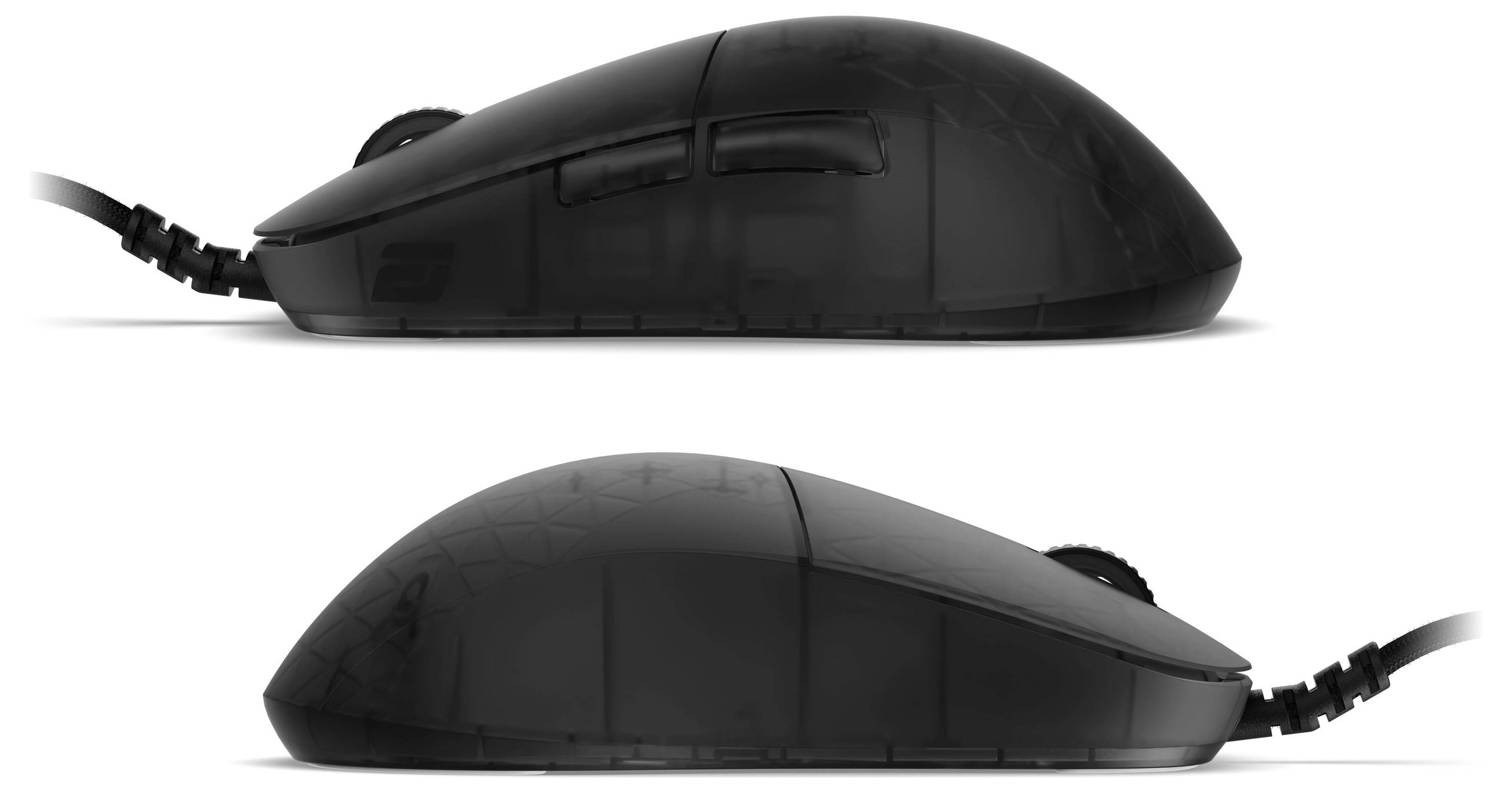 Ansicht von unten einer schwarzen Computermaus, die den Sensor, die Marke „Endgame Gear