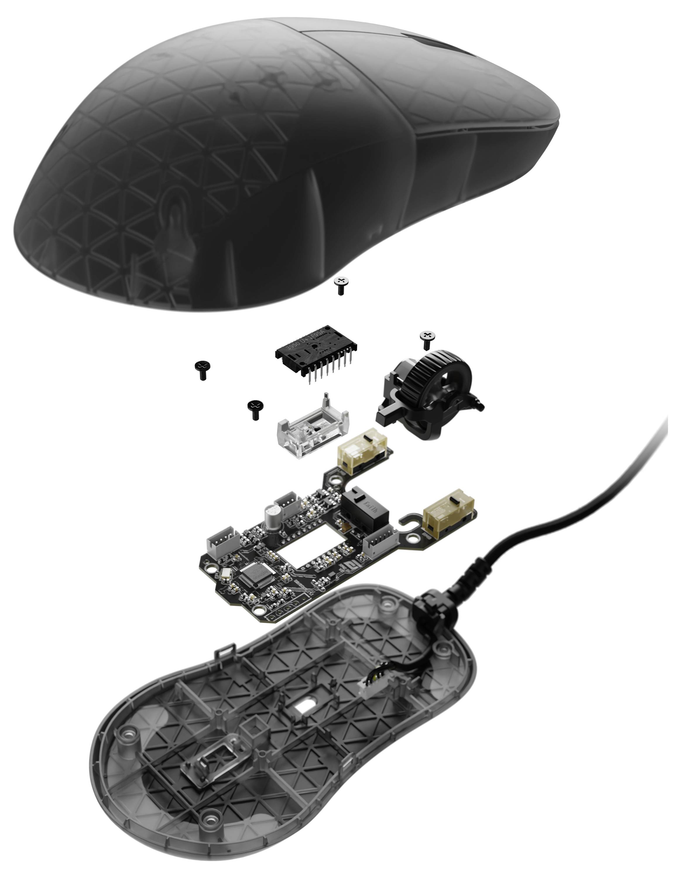 Explodierte Ansicht einer Computermaus mit Oberabdeckung, Schrauben, Scrollrad, Leiterplatte und Unterschale mit angeschlossenem Kabel.