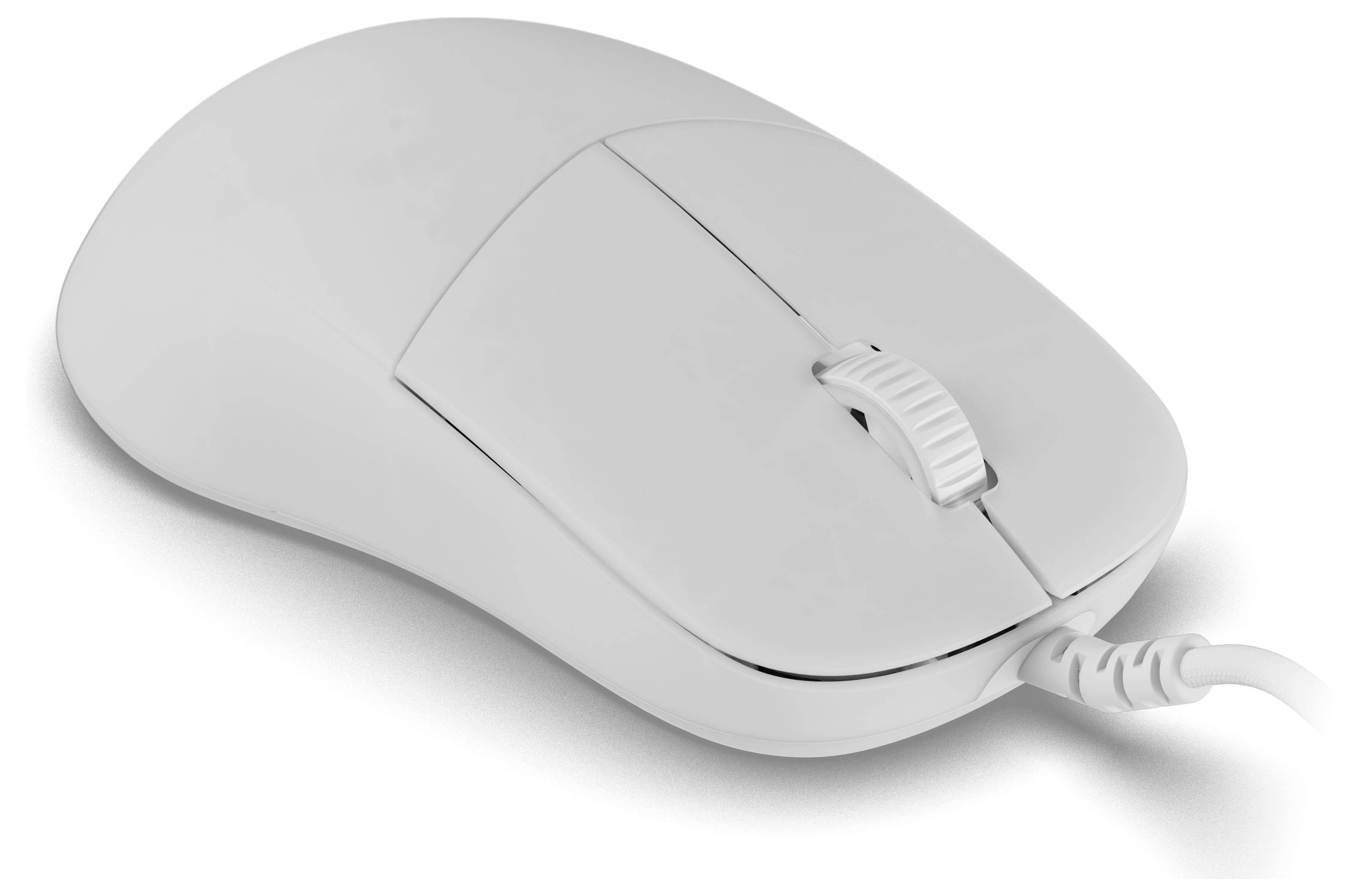 Eine weiße Computermaus mit Kabel, zwei Tasten und einem Scrollrad, verbunden durch ein Kabel.