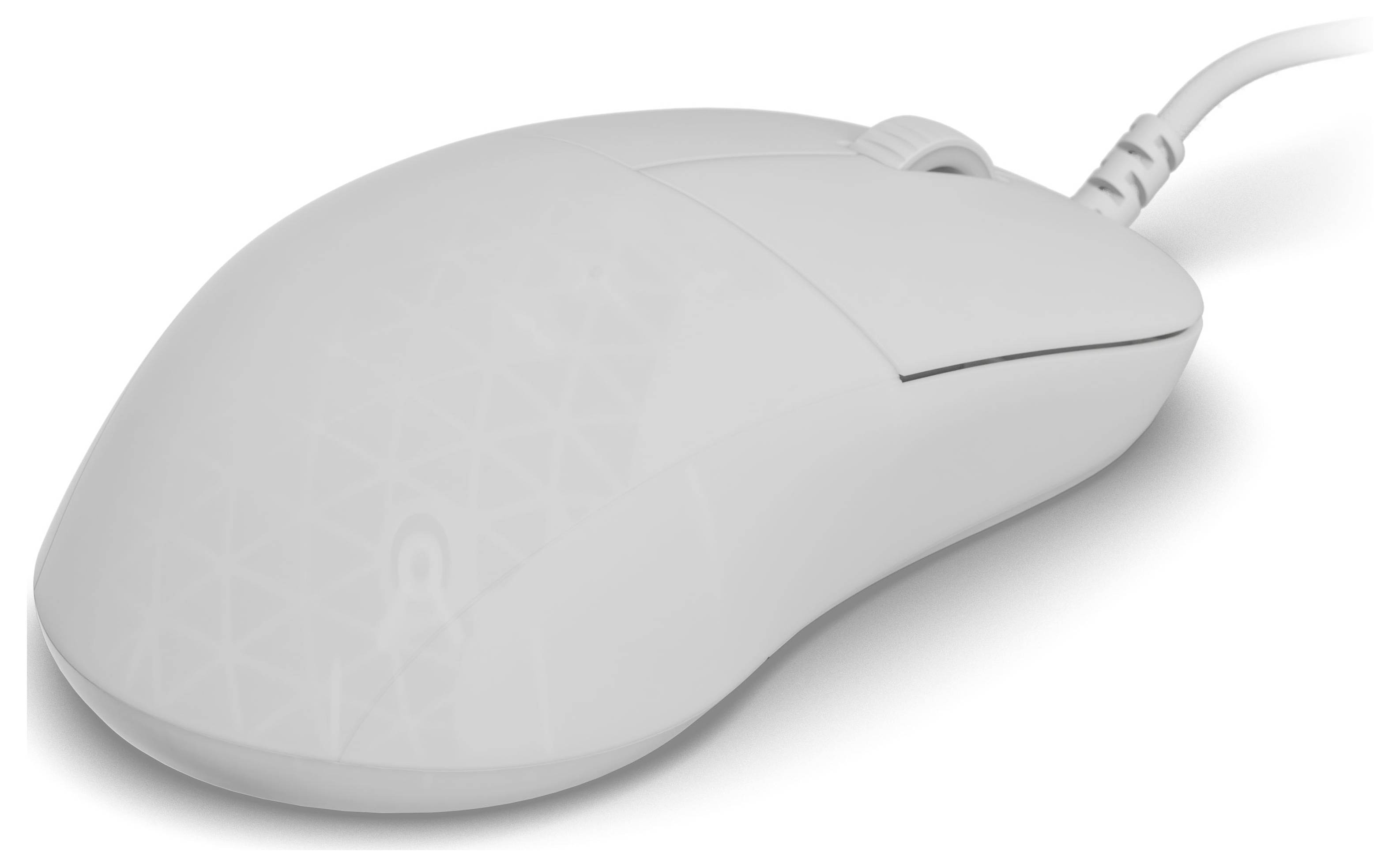 Eine weiße Computermaus mit geometrischem Muster auf ihrer Oberfläche, mit einem Scrollrad und einem anschließenden Kabel.