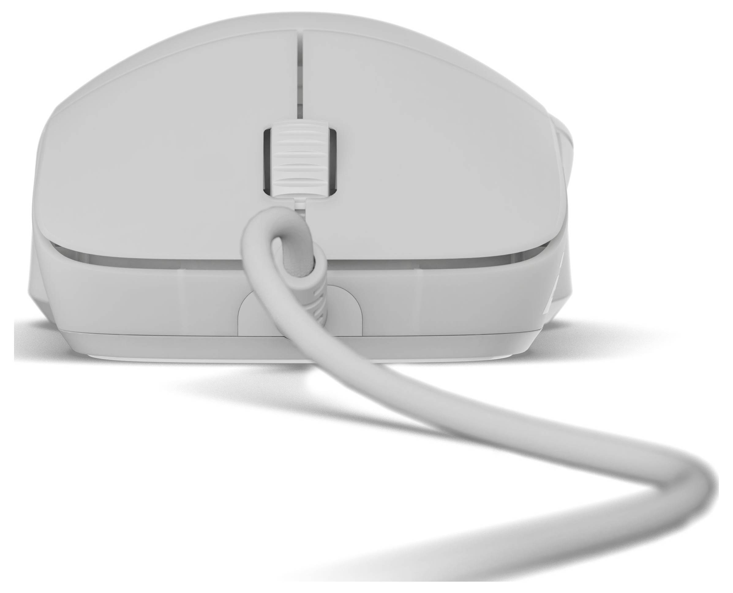 Eine weiße Computermaus, von vorne betrachtet, mit einem Kabel, das sich zum Betrachter hin erstreckt, vor einem einfachen Hintergrund.