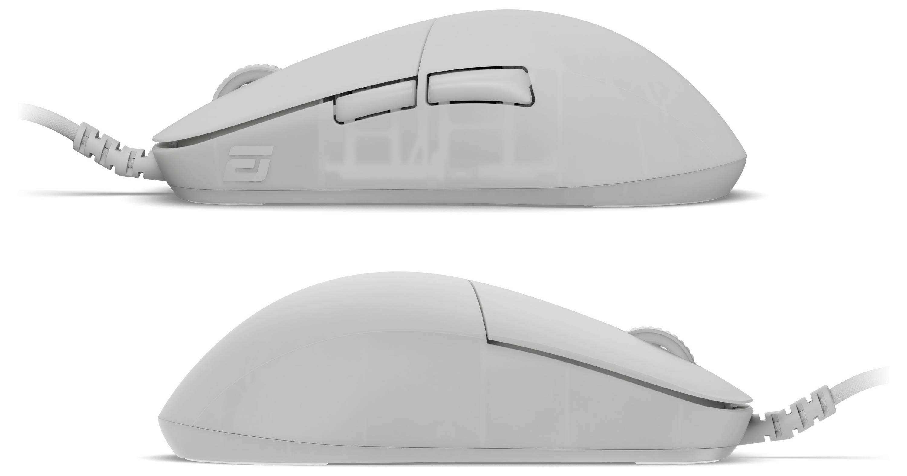 Zwei weiße Computermäuse werden von der Seite gezeigt, wobei die Tasten und die Scrollrad-Details auf der oberen Maus hervorgehoben werden. Beide sind kabelgebundene Modelle.