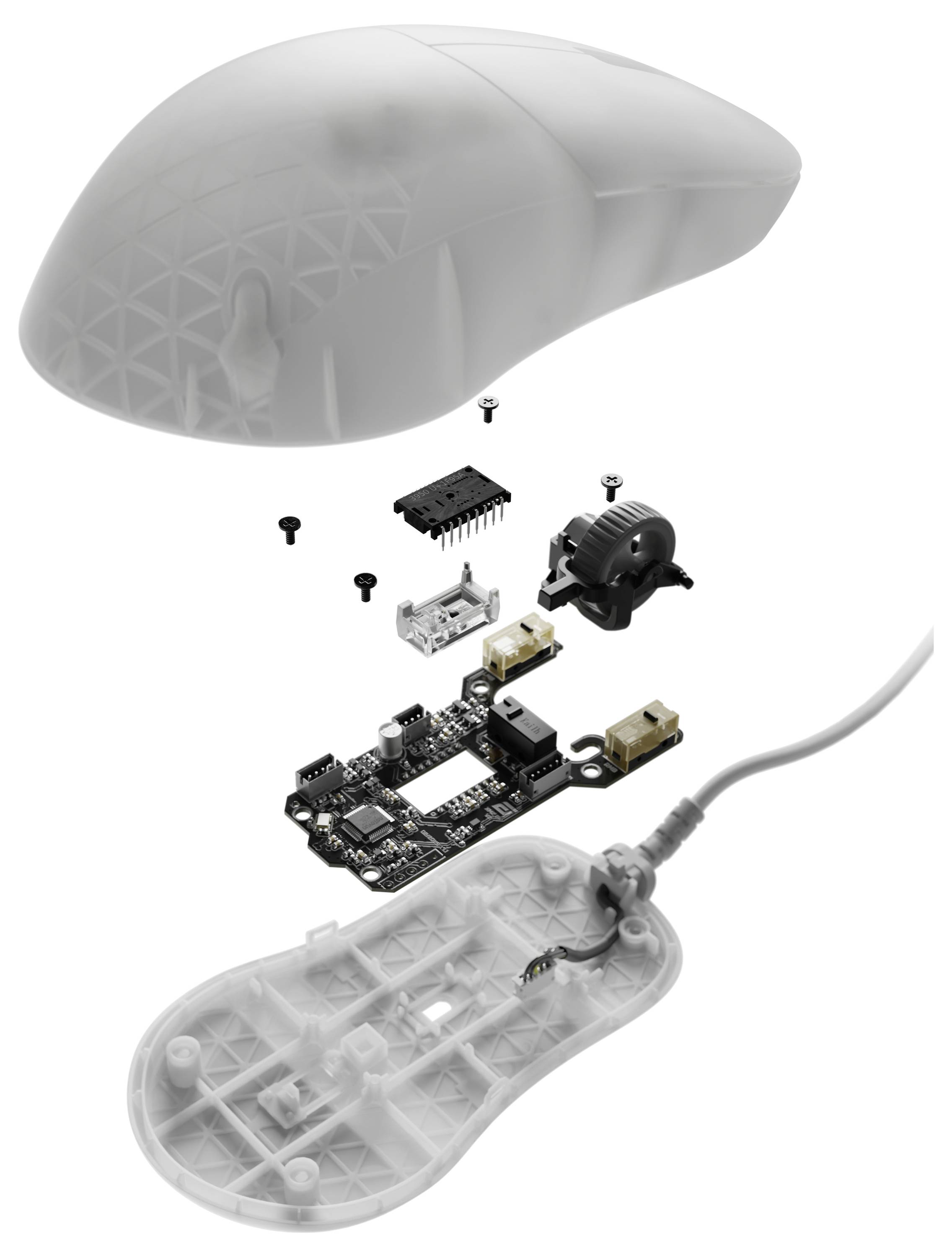 Schnittansicht einer Computermaus, die interne Komponenten wie Leiterplatte, Kabel und Tasten zeigt, mit schwebenden Schrauben oben.