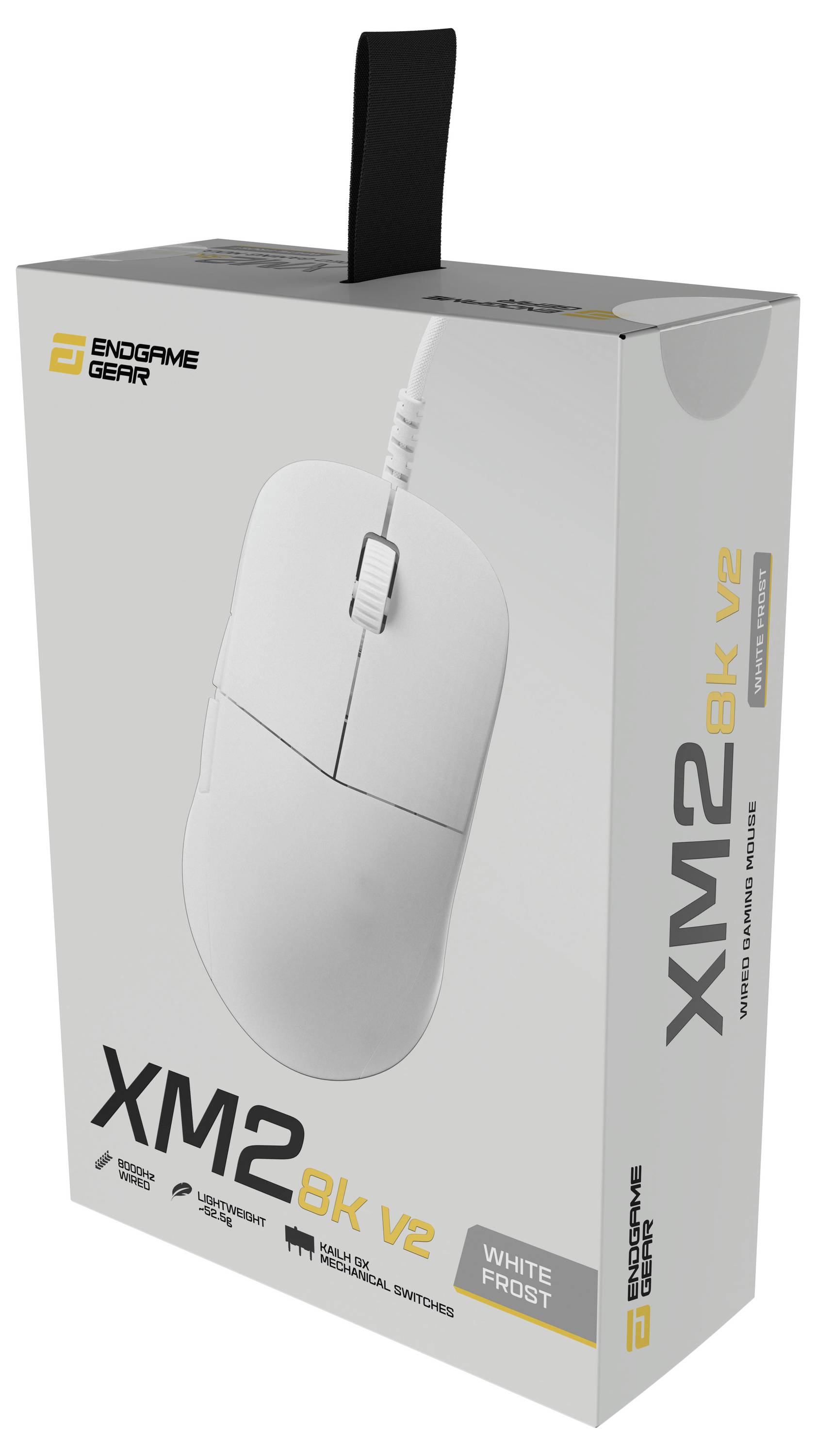 'Endgame Gear XM2we' Gaming-Maus-Box in Weiß mit schwarzen Akzenten. Merkmale: 'White Frost' Farbe, 8K Hz Abfragerate und optische Schalter.