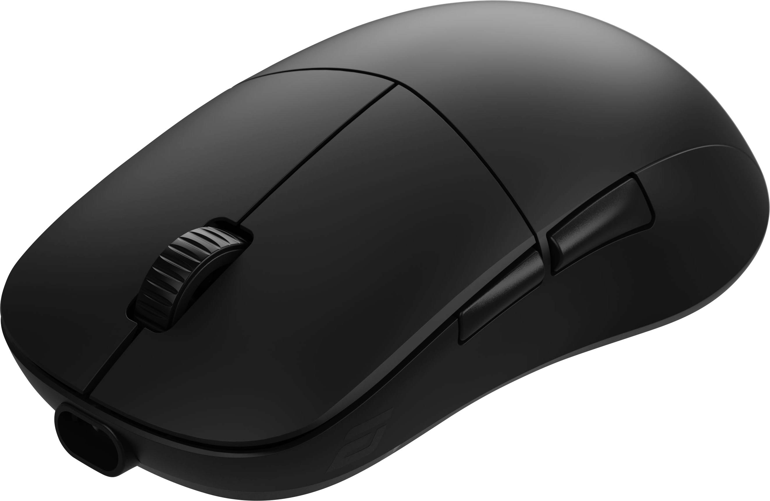 Eine schwarze Computermaus mit zwei Tasten und einem Scroll-Rad, dargestellt auf weißem Hintergrund, die ein Standard-Design und ergonomische Form anzeigt.