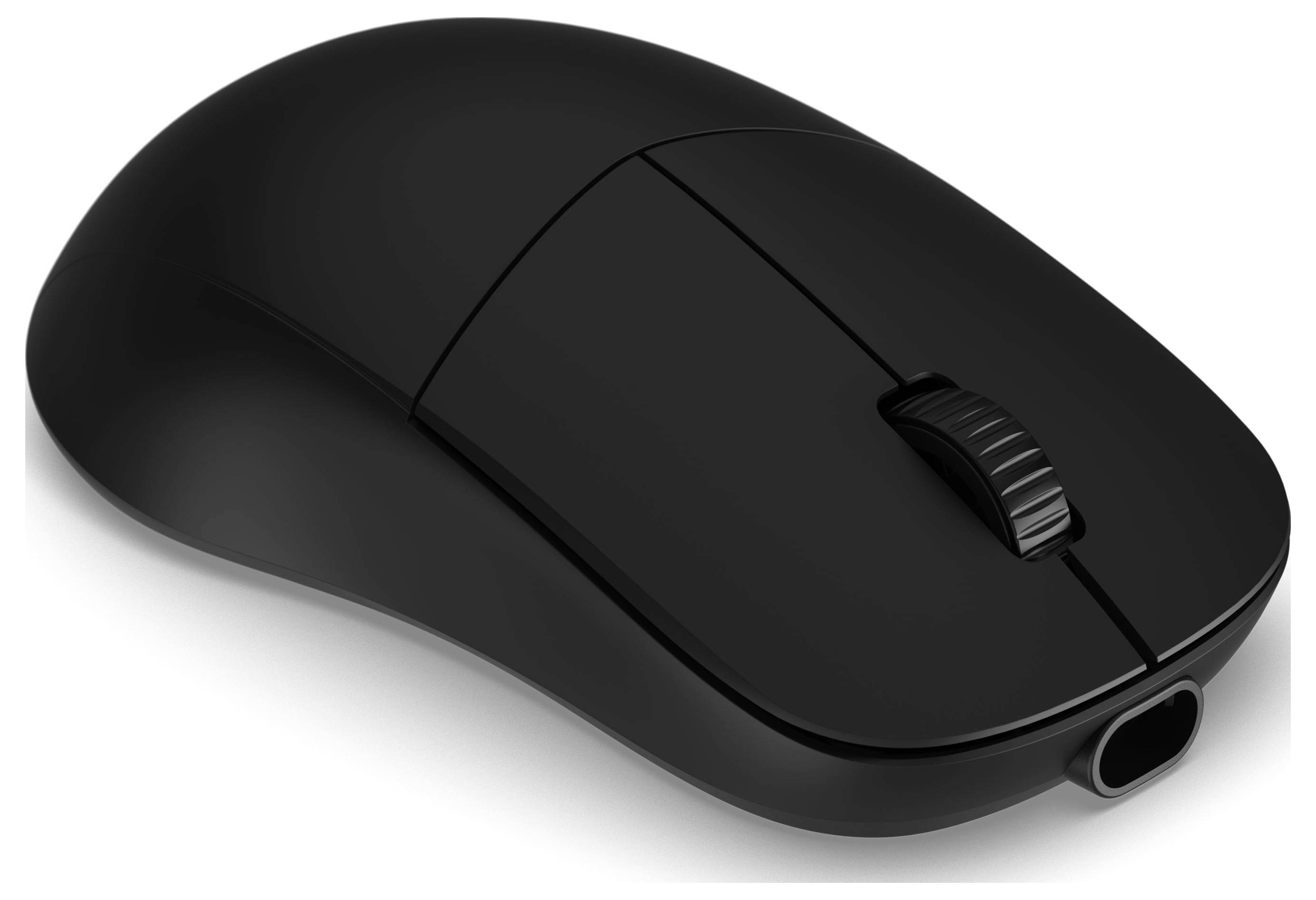 Eine schlanke, schwarze kabellose Computermaus mit einem Scrollrad, aus einem Winkel betrachtet, die ihr stromlinienförmiges, ergonomisches Design zeigt.