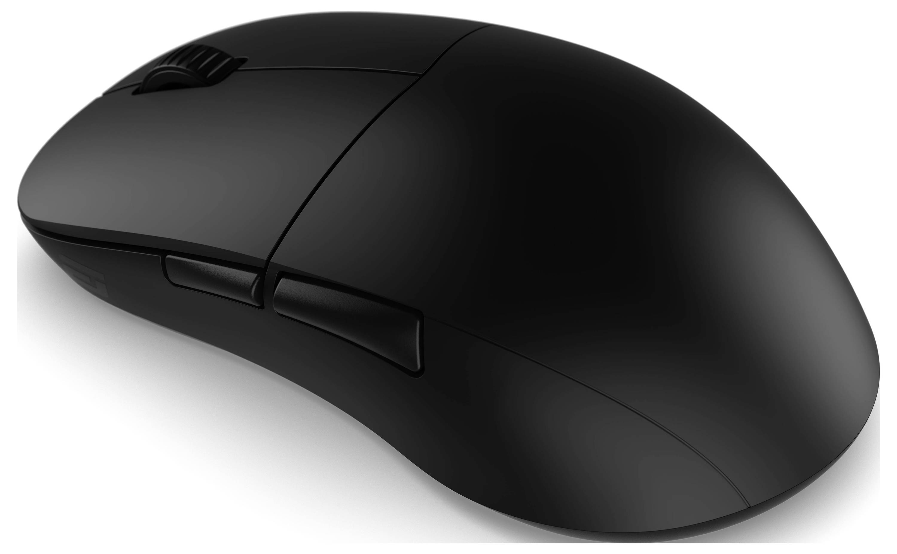 Eine schwarze ergonomische Computermaus mit zwei Seitentasten und einem Scrollrad, die für komfortable Bedienung und präzise Steuerung entwickelt wurde.