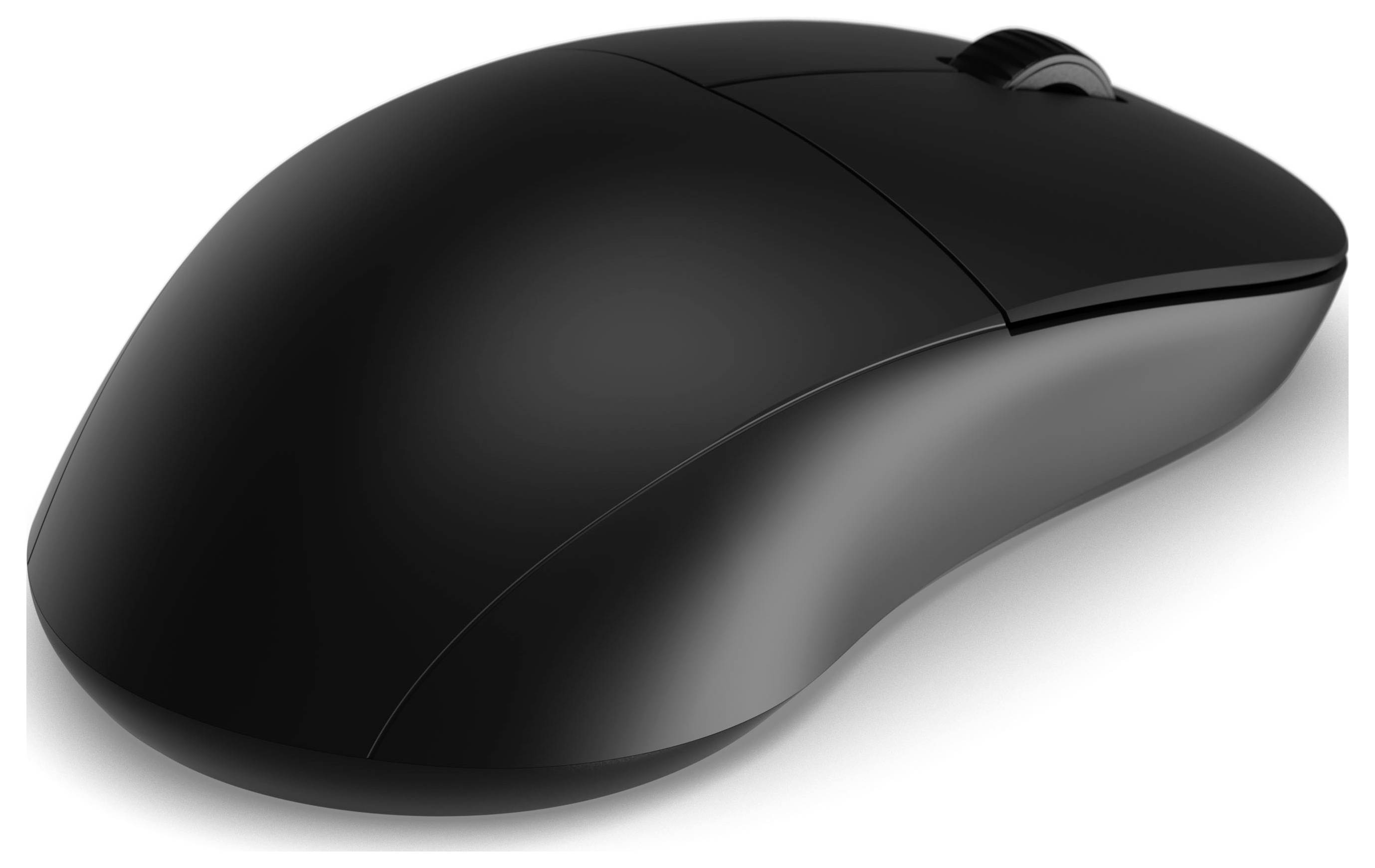 Eine schlanke, schwarze kabellose Computermaus mit einem Scrollrad, die für ergonomischen Komfort entwickelt wurde.