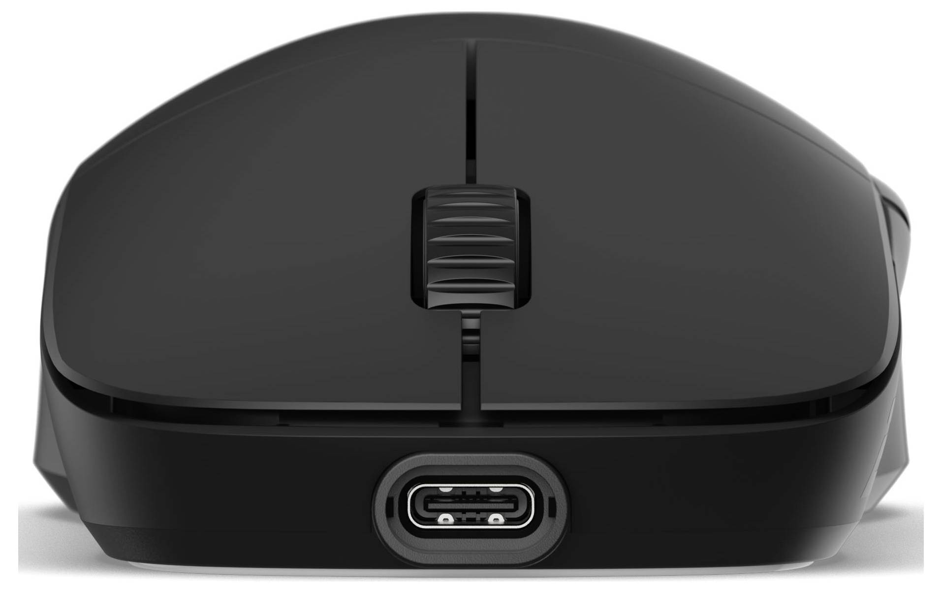 Eine schwarze kabellose Computermaus, von vorne betrachtet, mit einem Scrollrad und einem USB-C-Ladeanschluss auf der Unterseite.