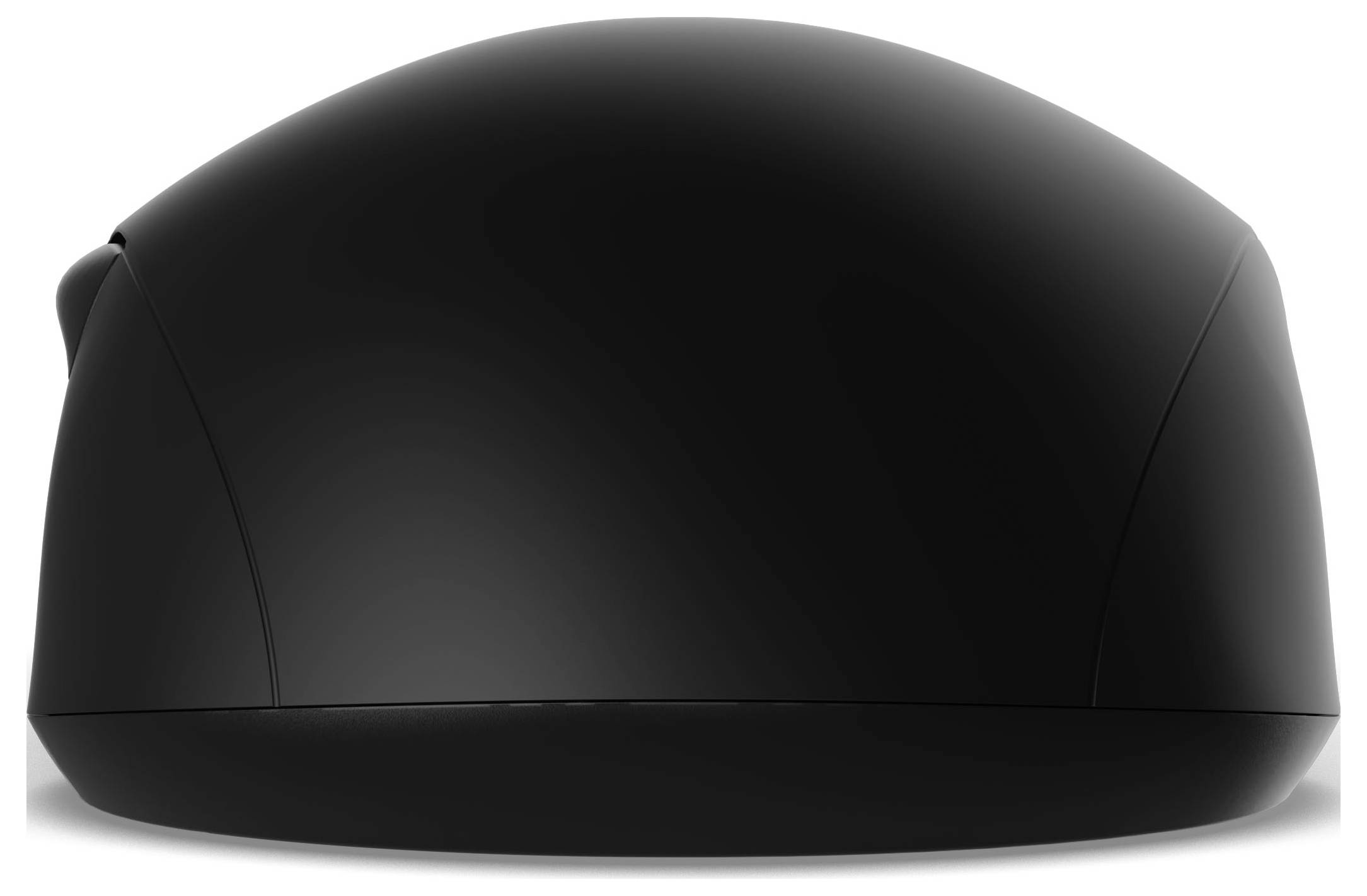 Eine schlanke, schwarze Computermaus von vorne betrachtet, die ihr glattes, geschwungenes Design präsentiert.