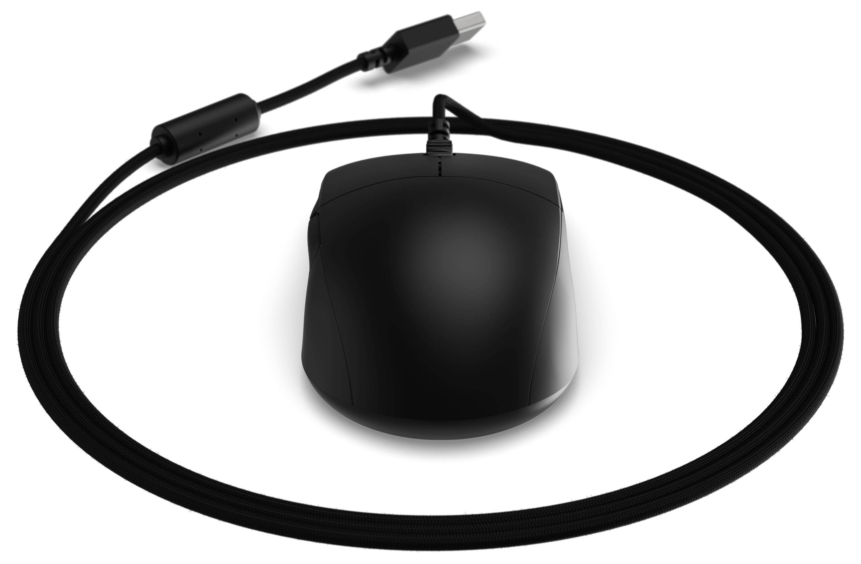 Eine schwarze, kabelgebundene Computermaus mit USB-Verbindung, mit einem langen, spiralförmigen Kabel, das sie umgibt.