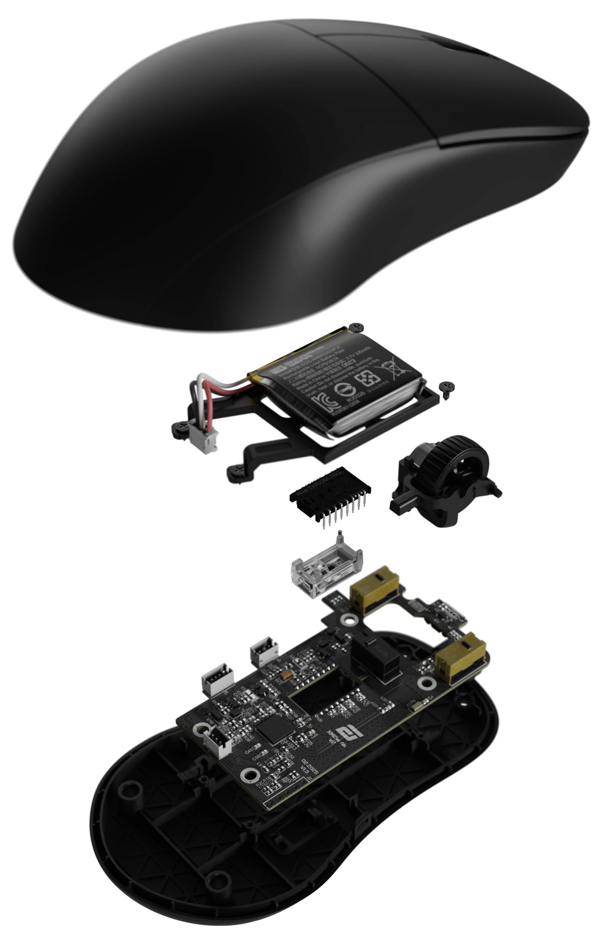 Eine schwarze Computermaus in einer Explosionszeichnung dargestellt, die interne Komponenten wie die Batterie, Leiterplatte, Radmechanismus und Tasten enthüllt.