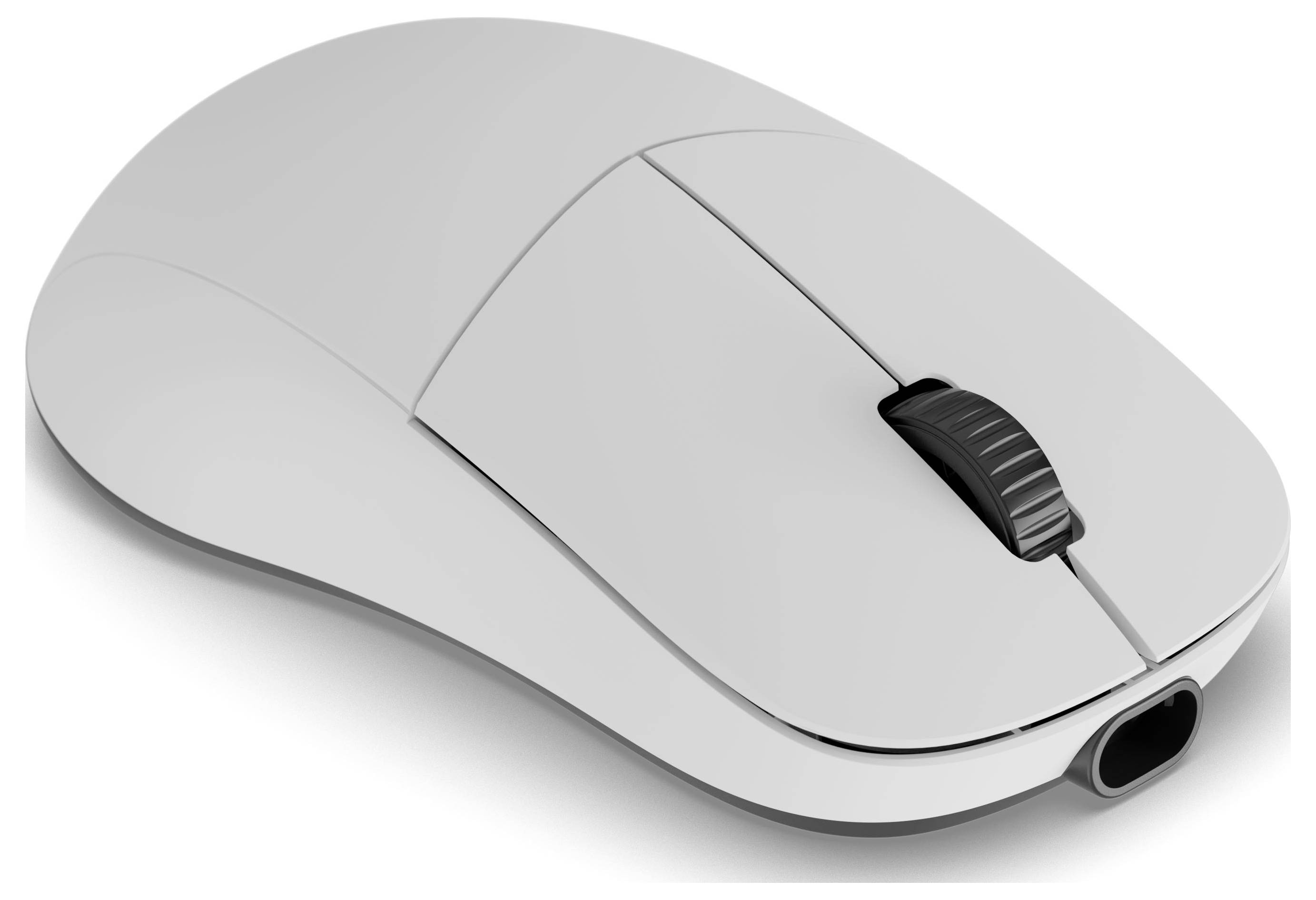 Eine schlanke, moderne weiße Computermaus mit sichtbarem Scrollrad und Scrolltaste, gezeigt auf weißem Hintergrund.