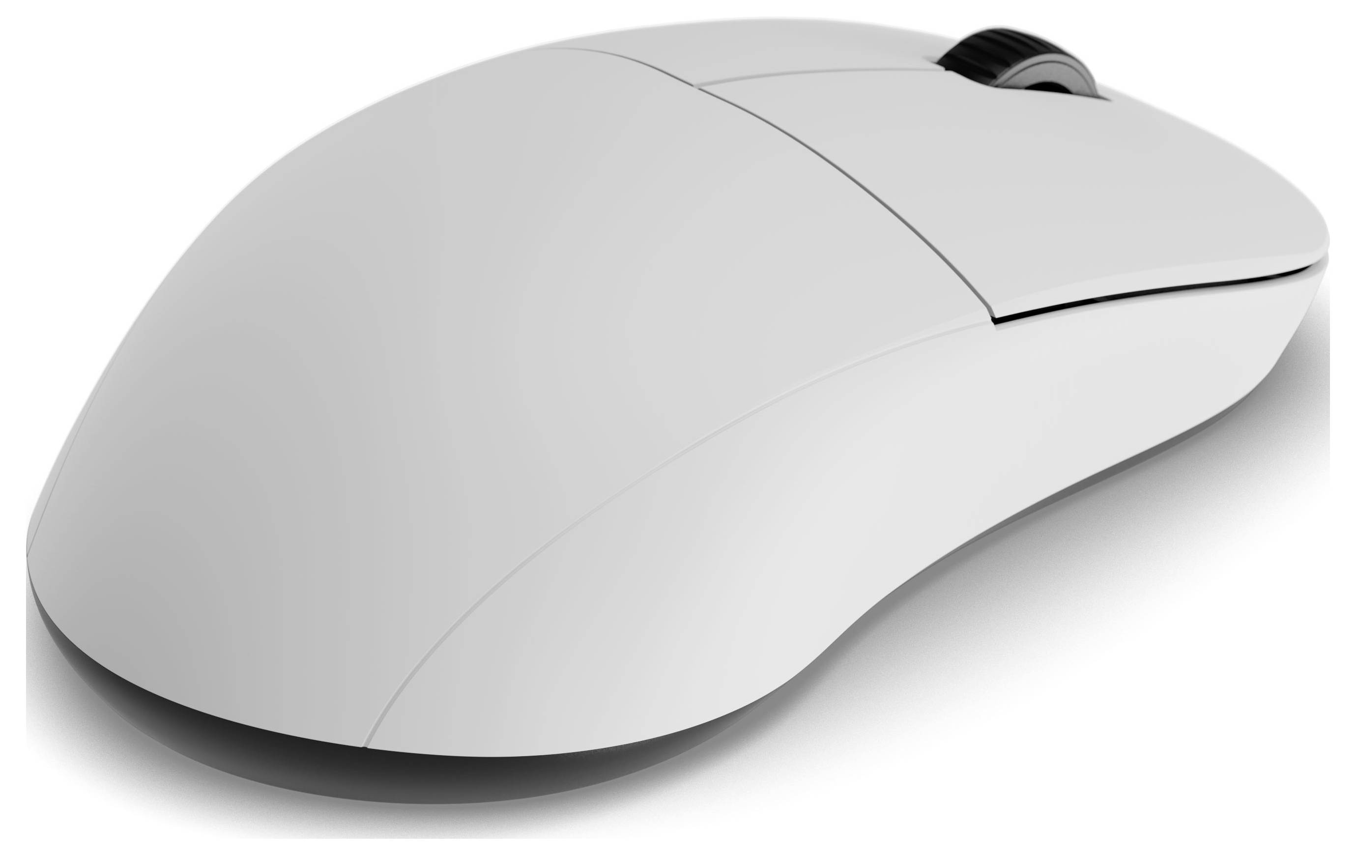 Eine weiße kabellose Computermaus mit Scrollrad, gestaltet im eleganten und minimalistischen Stil, aus leicht schrägem Blickwinkel betrachtet.