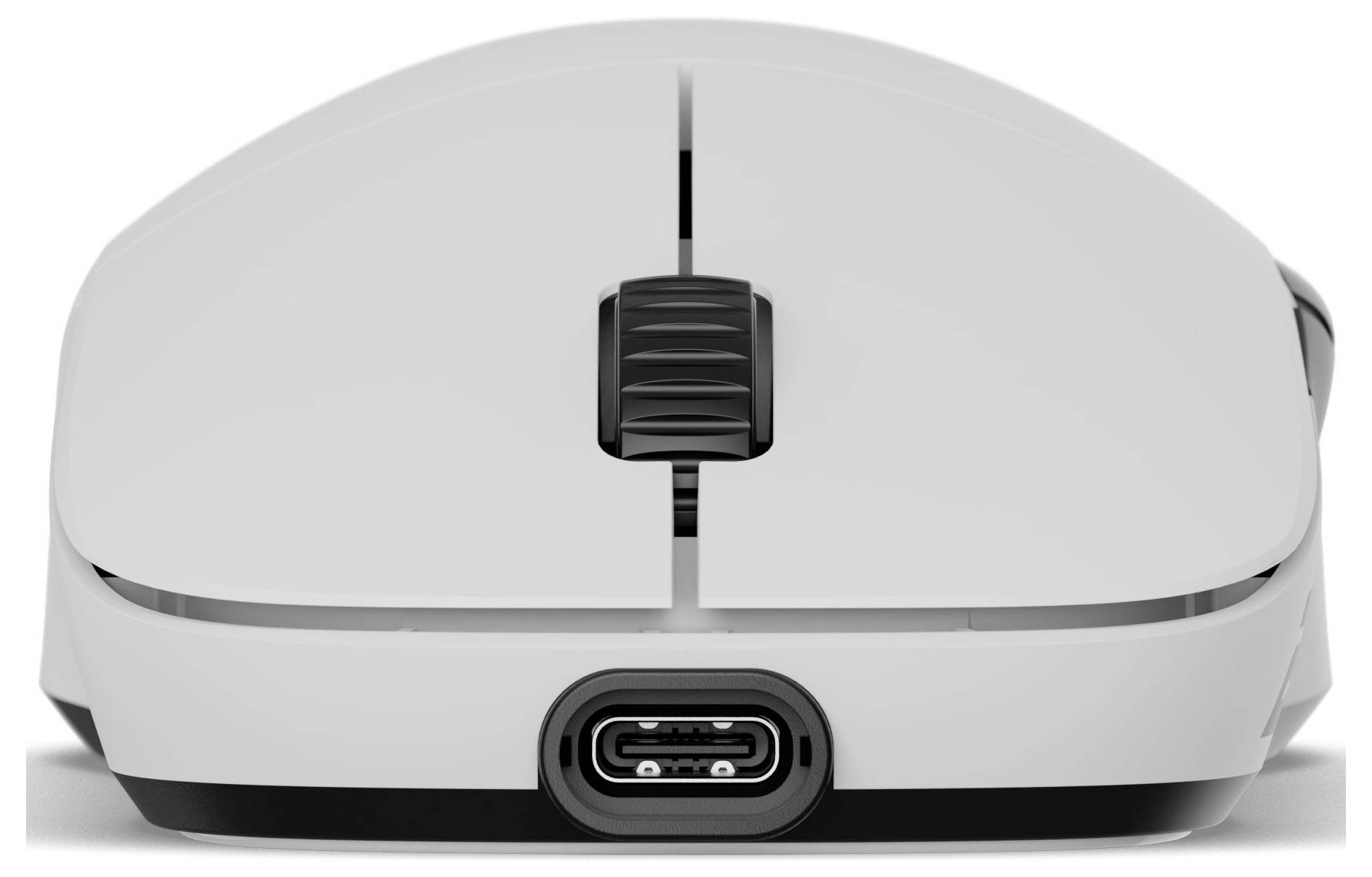 Eine weiße kabellose Computermaus von vorne betrachtet, mit einem prominenten Scrollrad und einem USB-C-Ladeanschluss an der Unterseite.