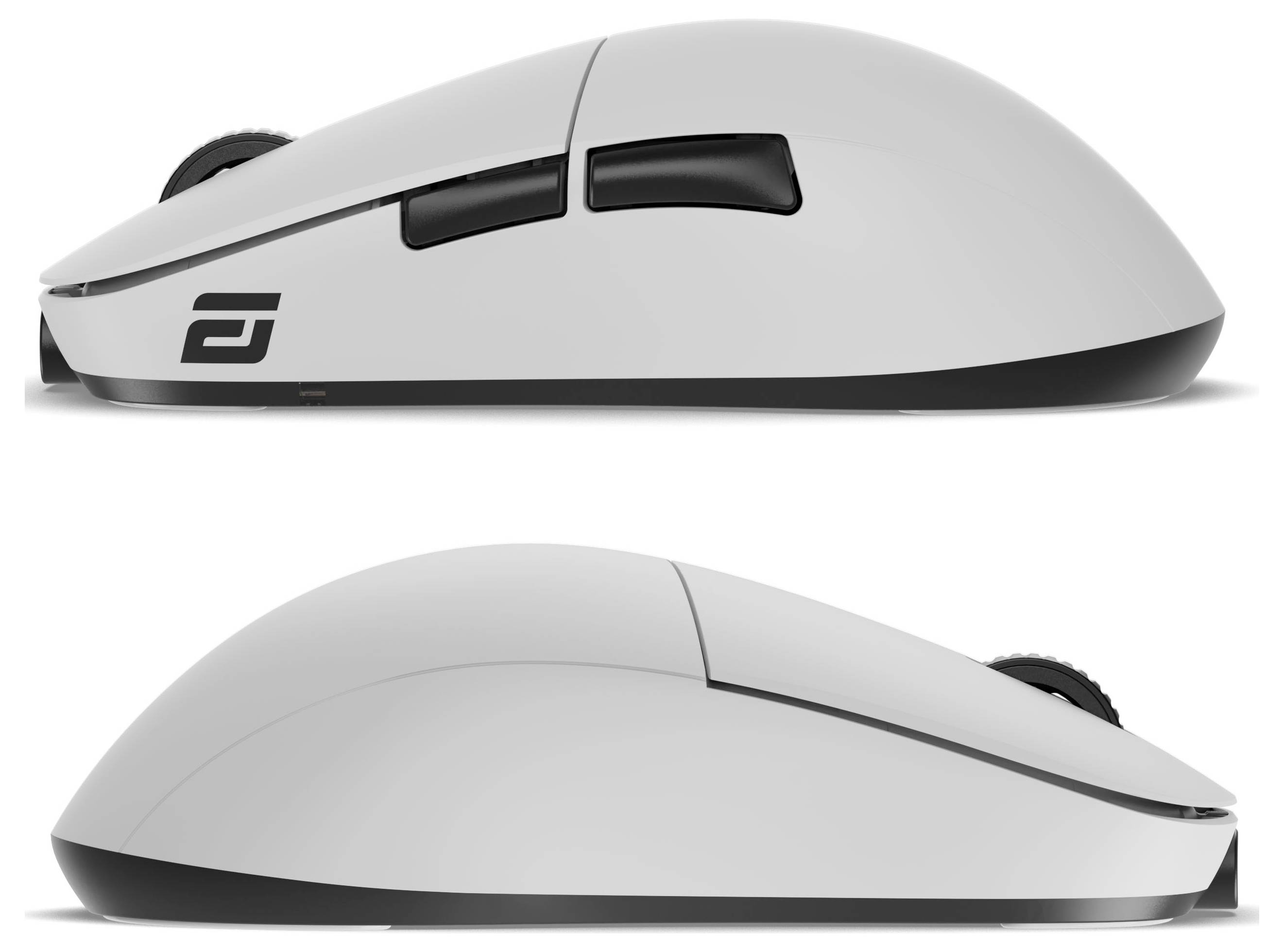 Eine weiße ergonomische Computermaus mit zwei Seitentasten und einem Scrollrad, dargestellt in zwei Seitenansichten, die ihr elegantes Design hervorhebt.