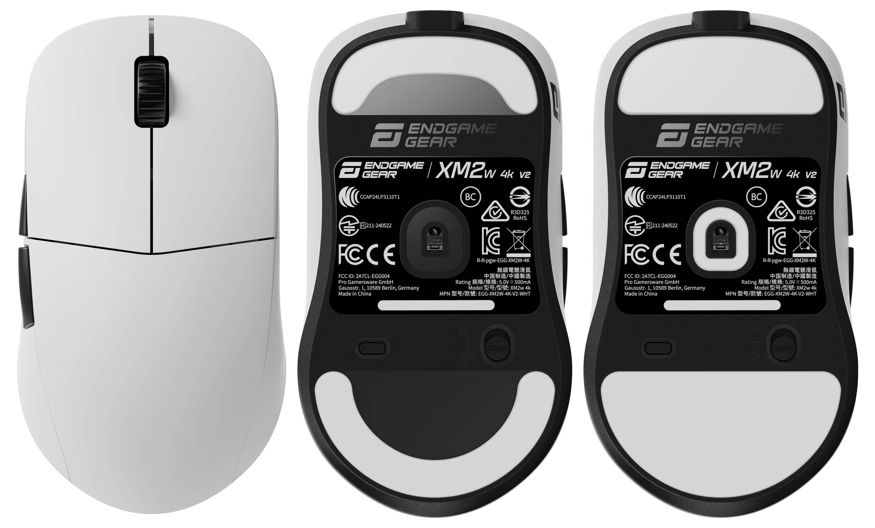 Eine weiße Gaming-Maus wird von oben und unten gezeigt, wobei die Marke 'Endgame Gear', das Modell 'XM2w' und die Sensorspezifikationen hervorgehoben werden.