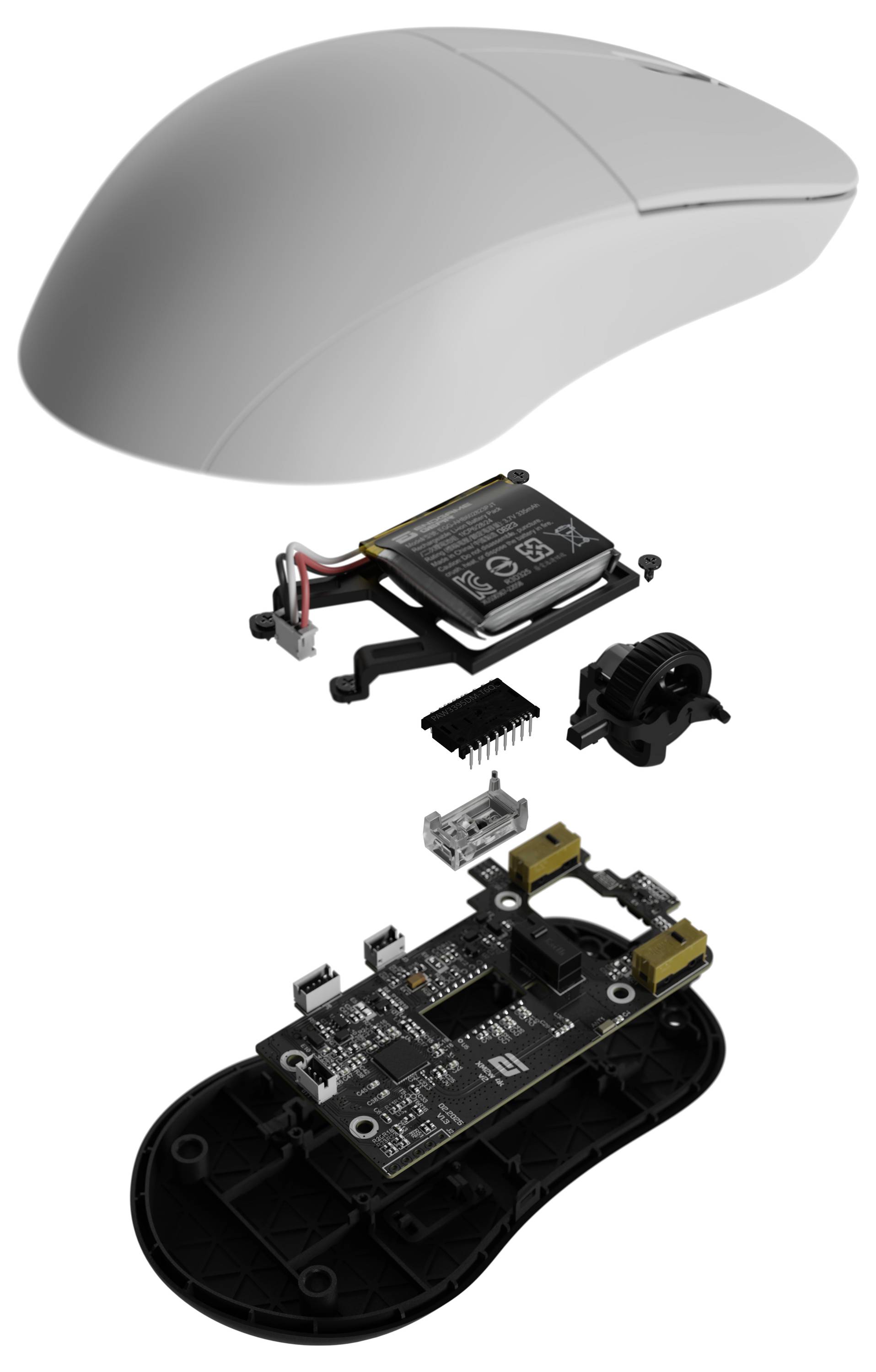 Explodierte Darstellung einer Computermaus mit den Komponenten: Außenschale, Batterie, Scrollrad-Mechanismus, Leiterplatte und interne Verkabelung.
