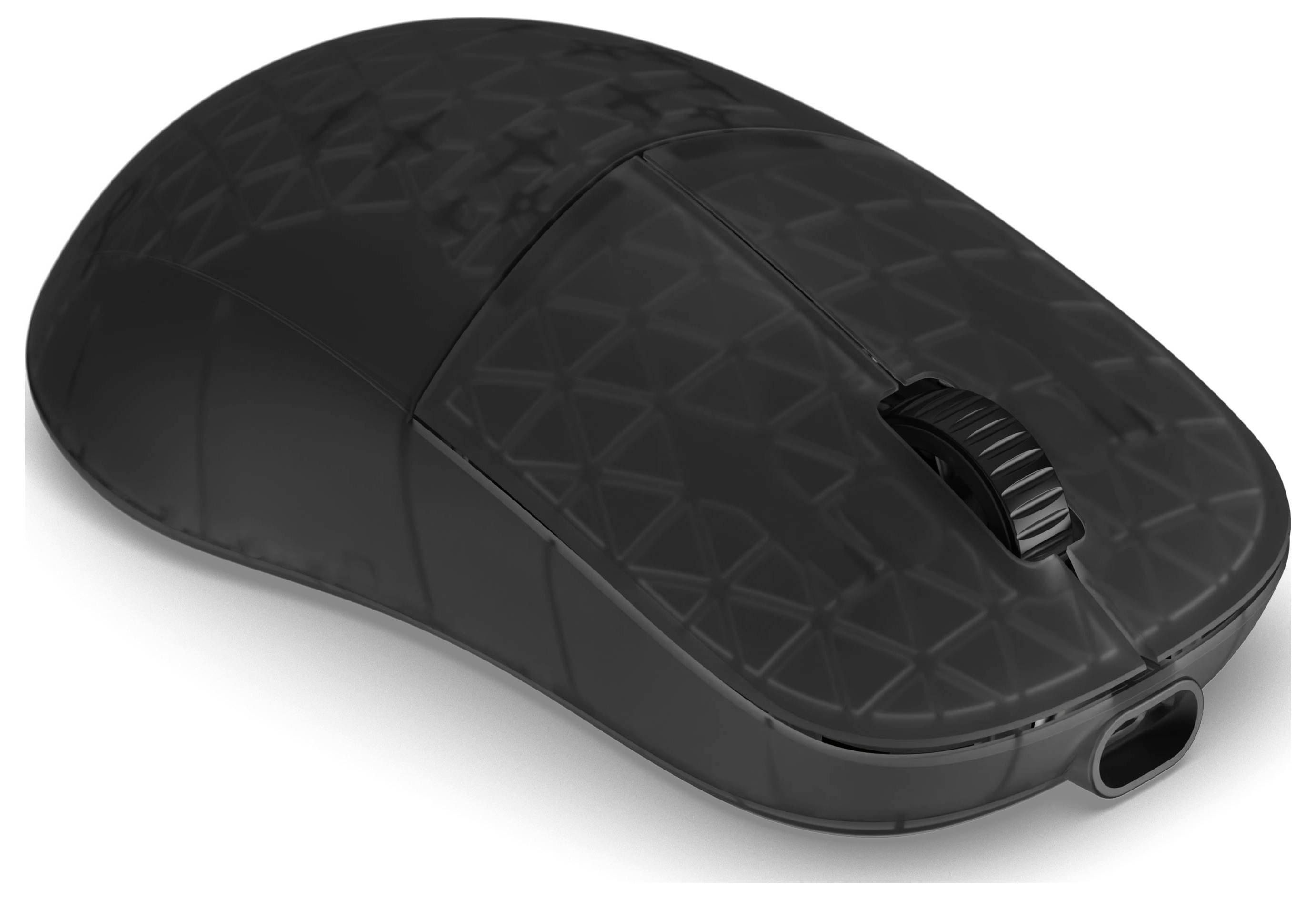 Eine schwarze kabellose Computermaus mit strukturierter Oberfläche und Scrollrad, aus einer angewinkelten Draufsicht betrachtet.