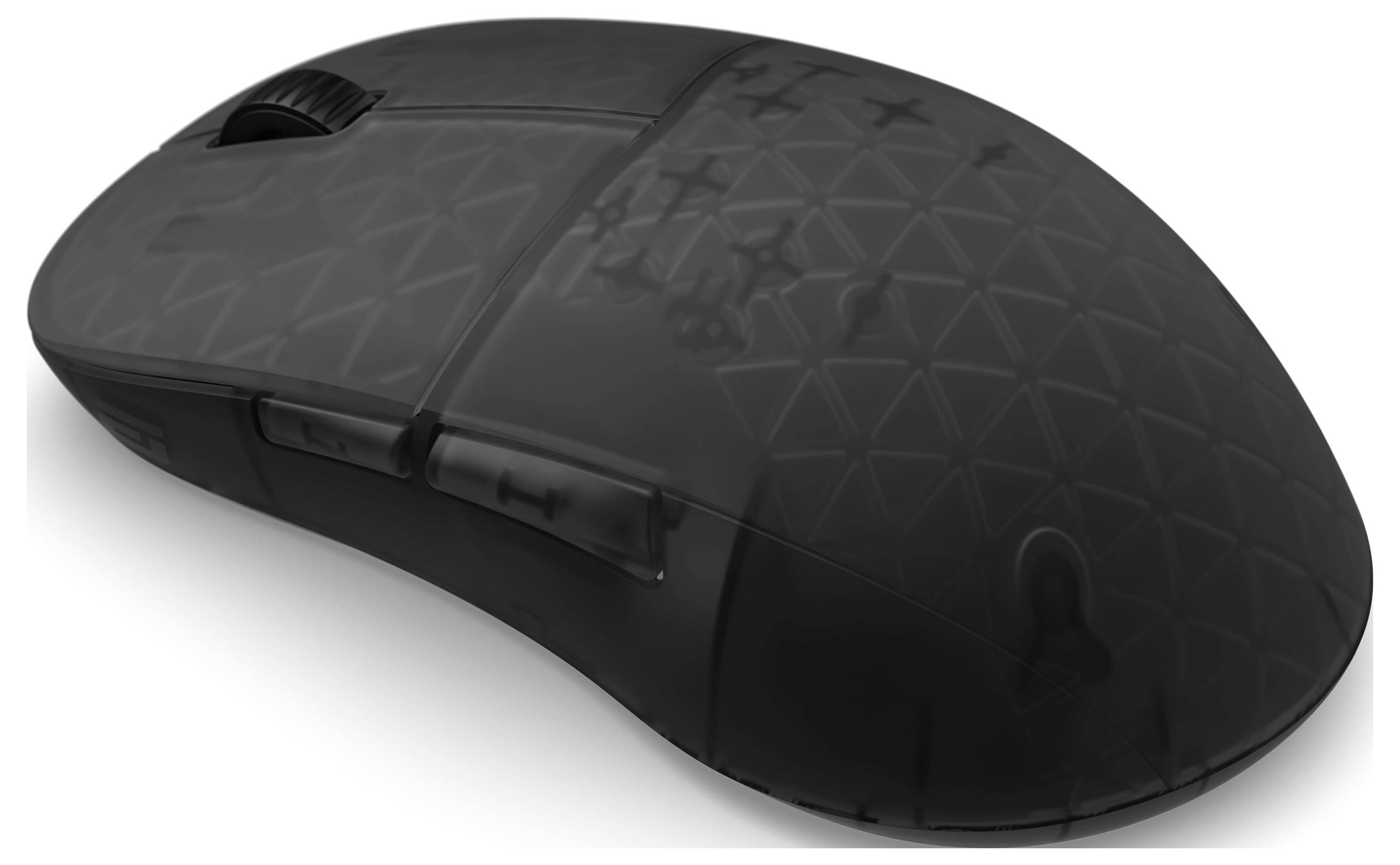 Eine elegante schwarze Computermaus mit strukturiertem, dreieckigem Musterdesign auf ihrer Oberfläche, ausgestattet mit zwei Seitentasten und einem Scrollrad.