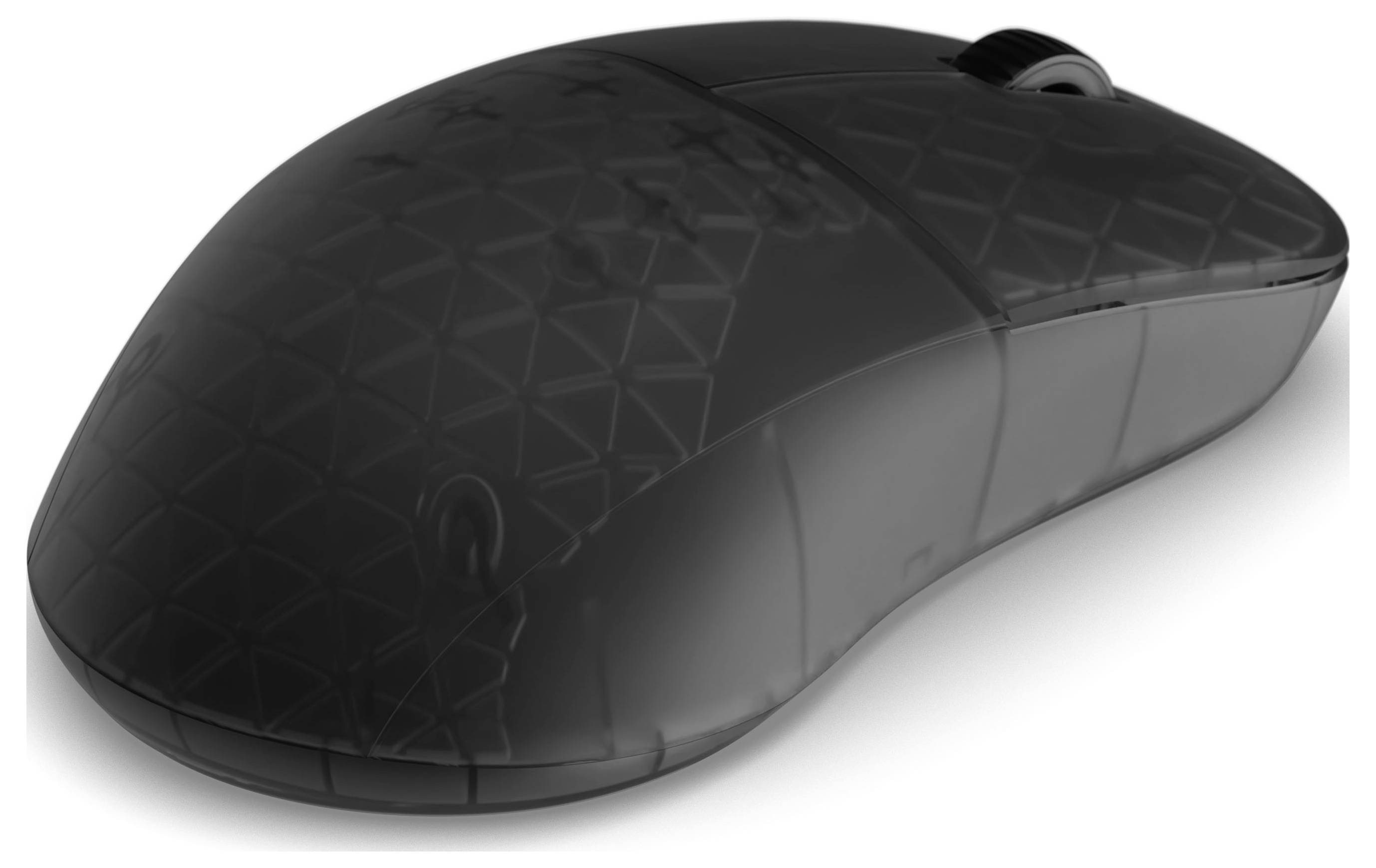 Eine schwarze kabellose Computermaus mit geometrischem Muster auf ihrer Oberfläche. Die Maus verfügt über ein Scrollrad und ein elegantes, ergonomisches Design.