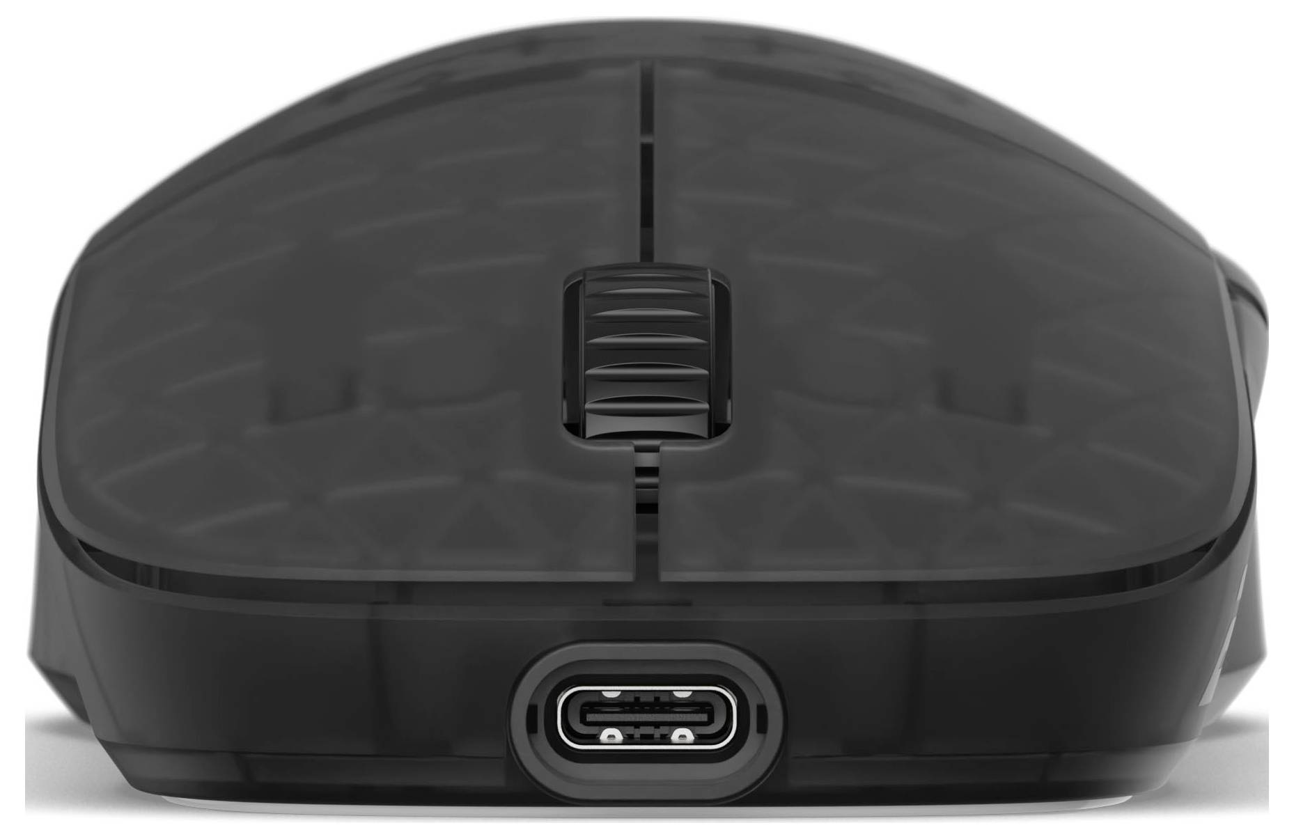 Eine schwarze kabellose Maus mit strukturierter Oberfläche, von vorne dargestellt mit sichtbarem USB-C-Ladeanschluss und Scrollrad.