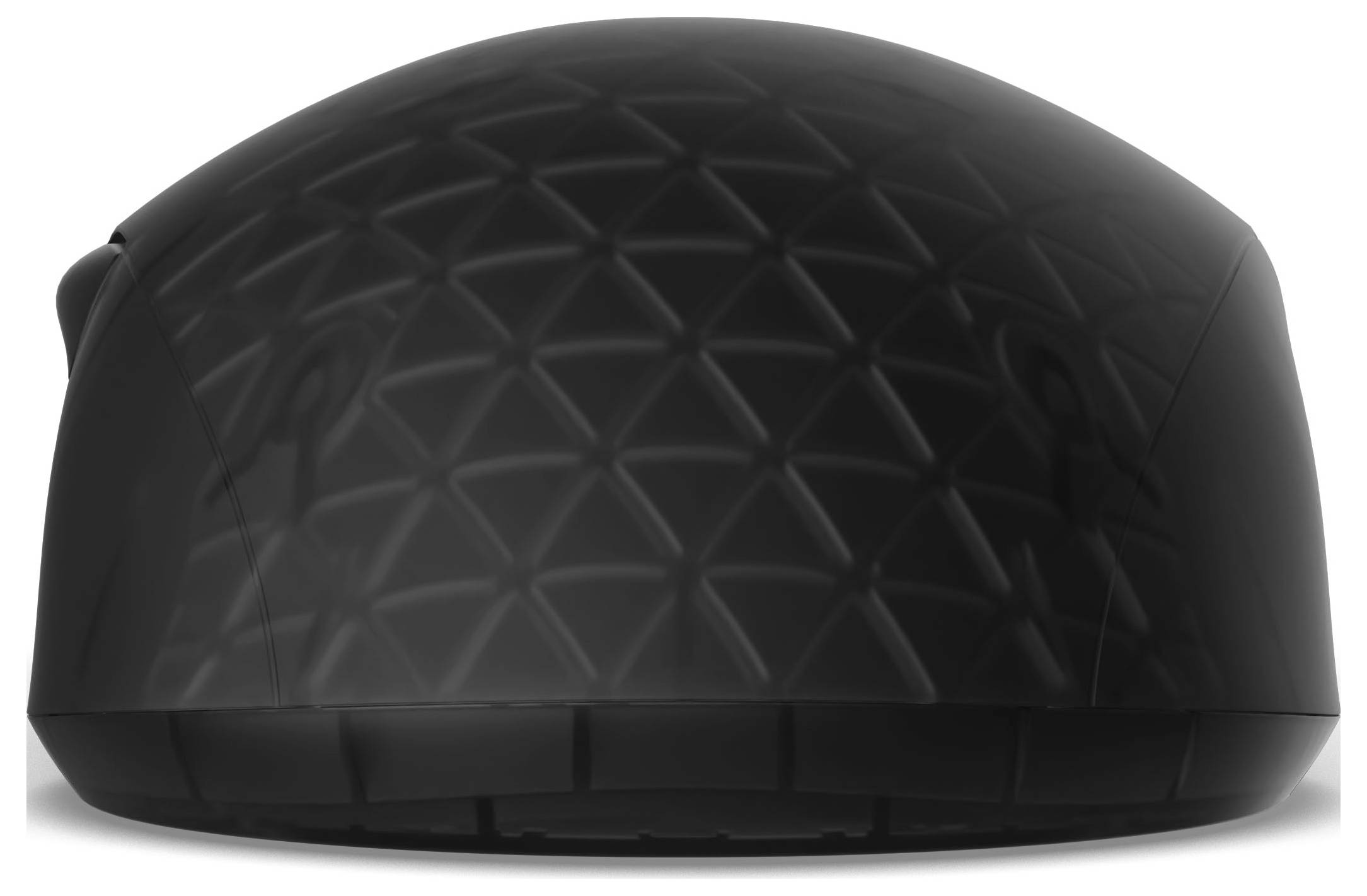 Eine schwarze, polygonal gemusterte kabellose Computermaus, von vorne betrachtet, zeigt ihr elegantes, ergonomisches Design.