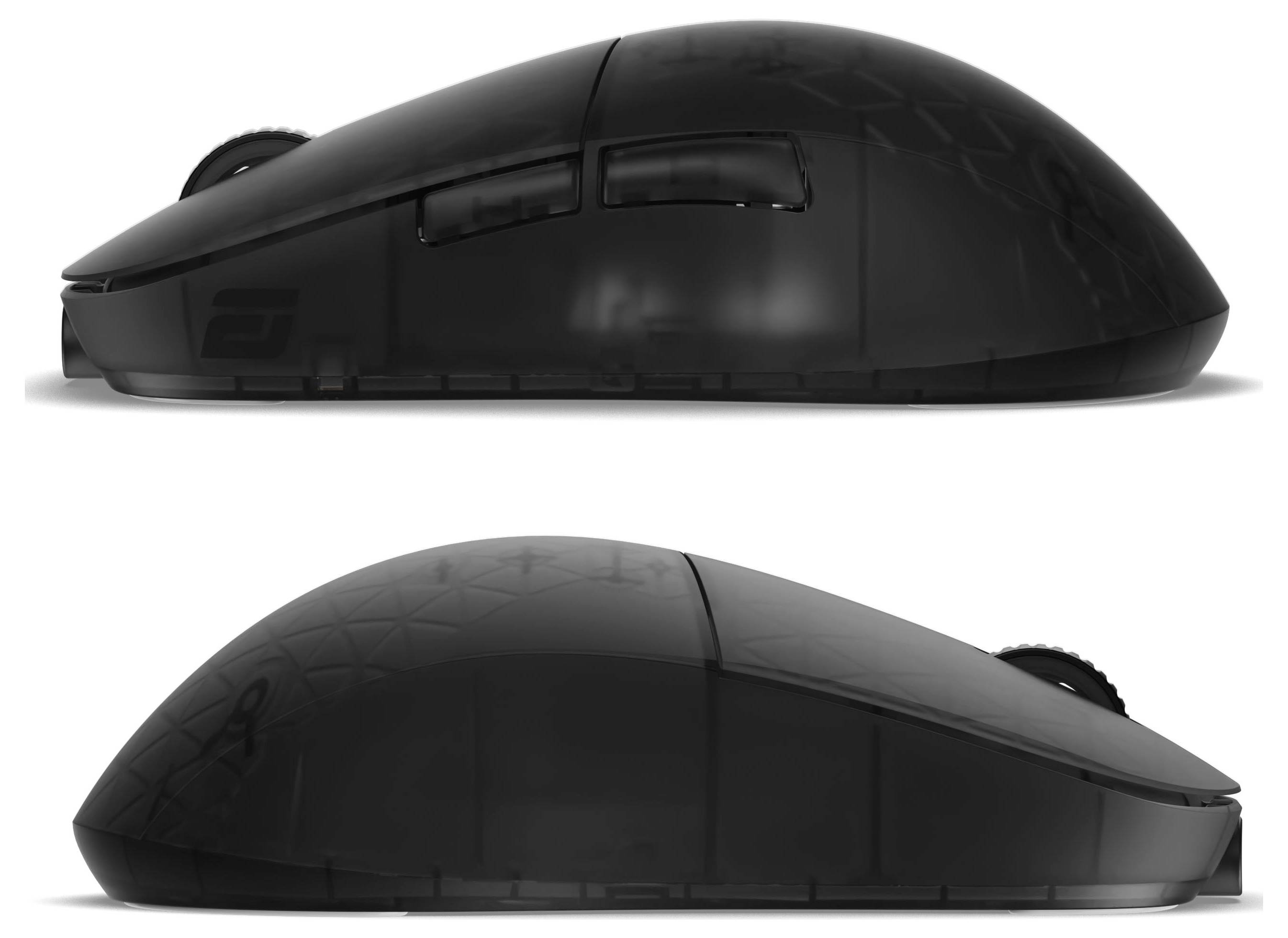 Seitenansicht einer schwarzen Computermaus, die ihr ergonomisches Design zeigt, mit prominenten Tasten und einer strukturierten Oberfläche für besseren Halt.