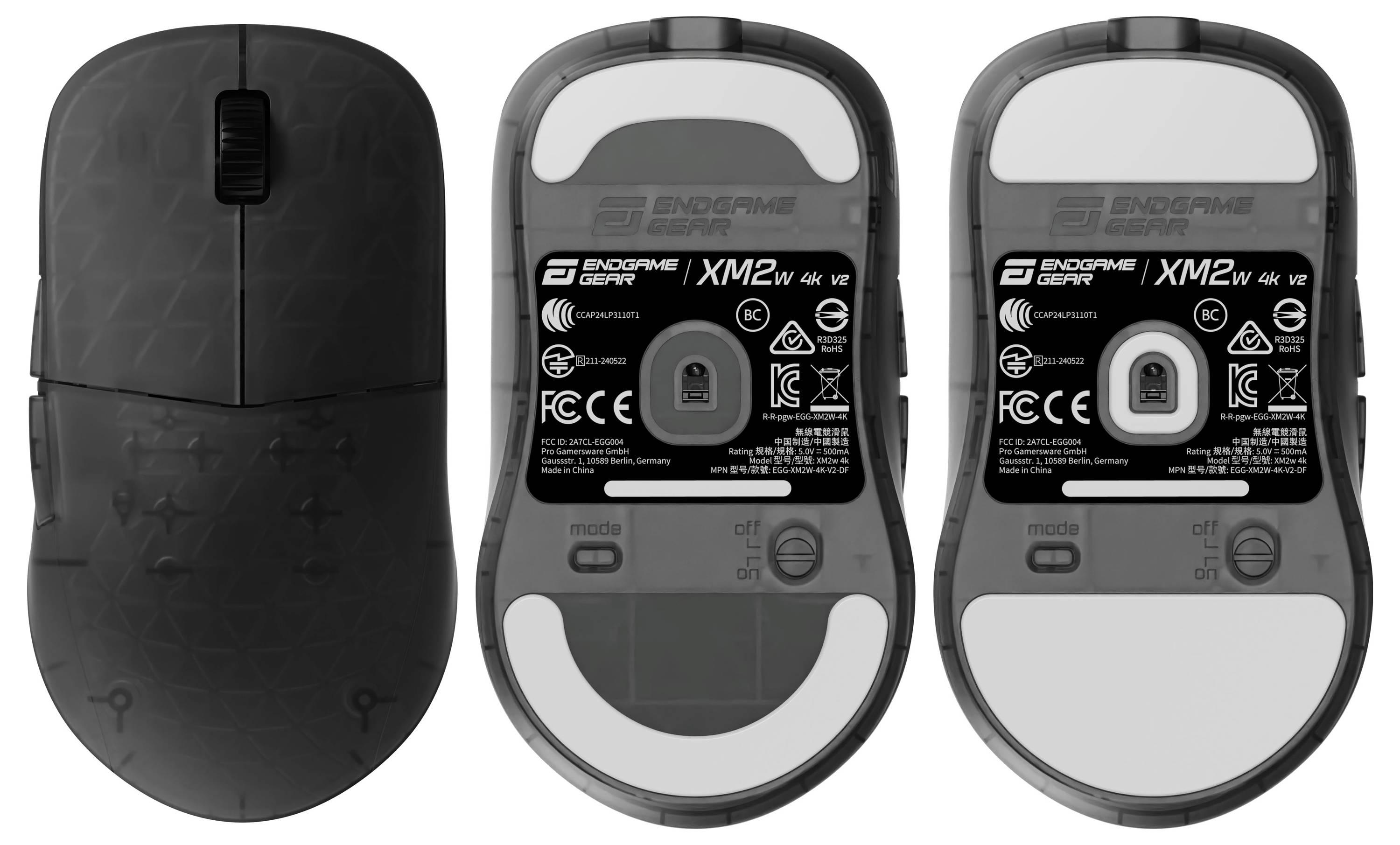 Drei Computermäuse werden gezeigt: Die linke Maus ist schwarz und strukturiert, und die beiden auf der rechten Seite sind umgekehrt, wobei ihr Sensor und ihre Beschriftungen sichtbar sind.