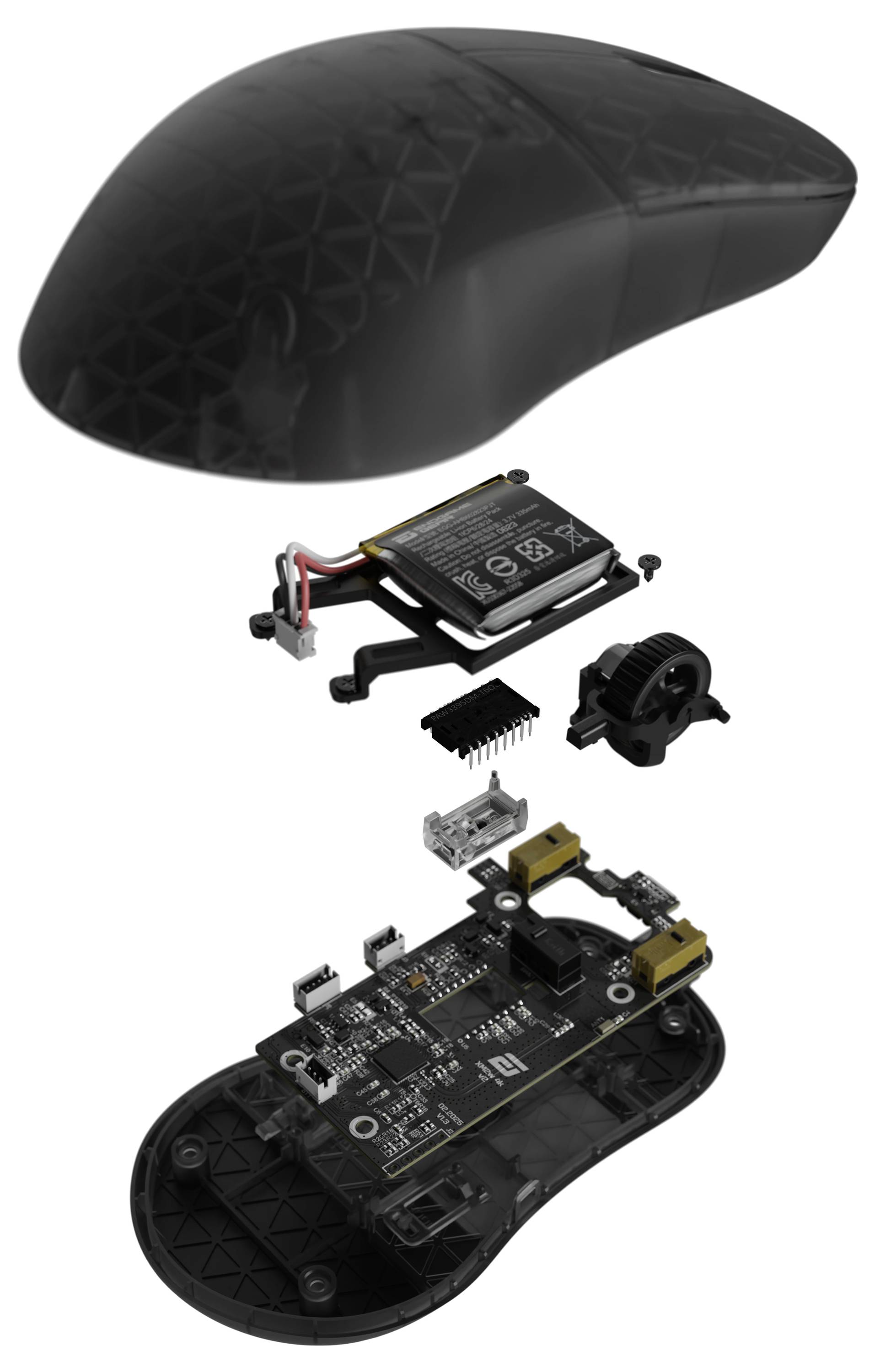 Zerlegte kabellose Maus mit Außenschale, Batterie, Scrollrad, internen Komponenten und Leiterplatte.