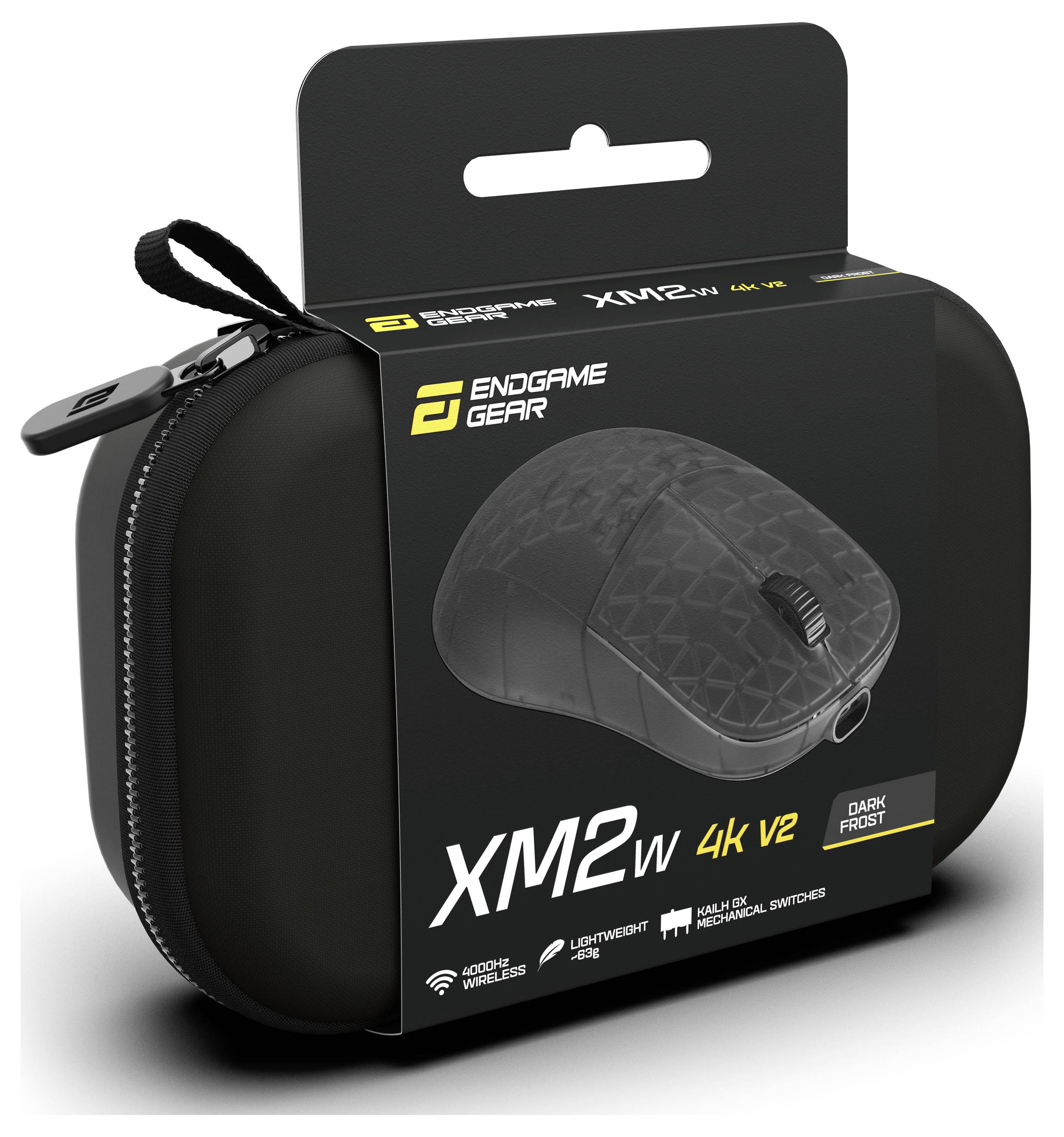 Verpackung der drahtlosen Gaming-Maus XM2w 4K V2 von Endgame Gear mit dunklem Frost-Design; die Funktionen umfassen eine 4K-Abfragerate und eine leichte Bauweise.