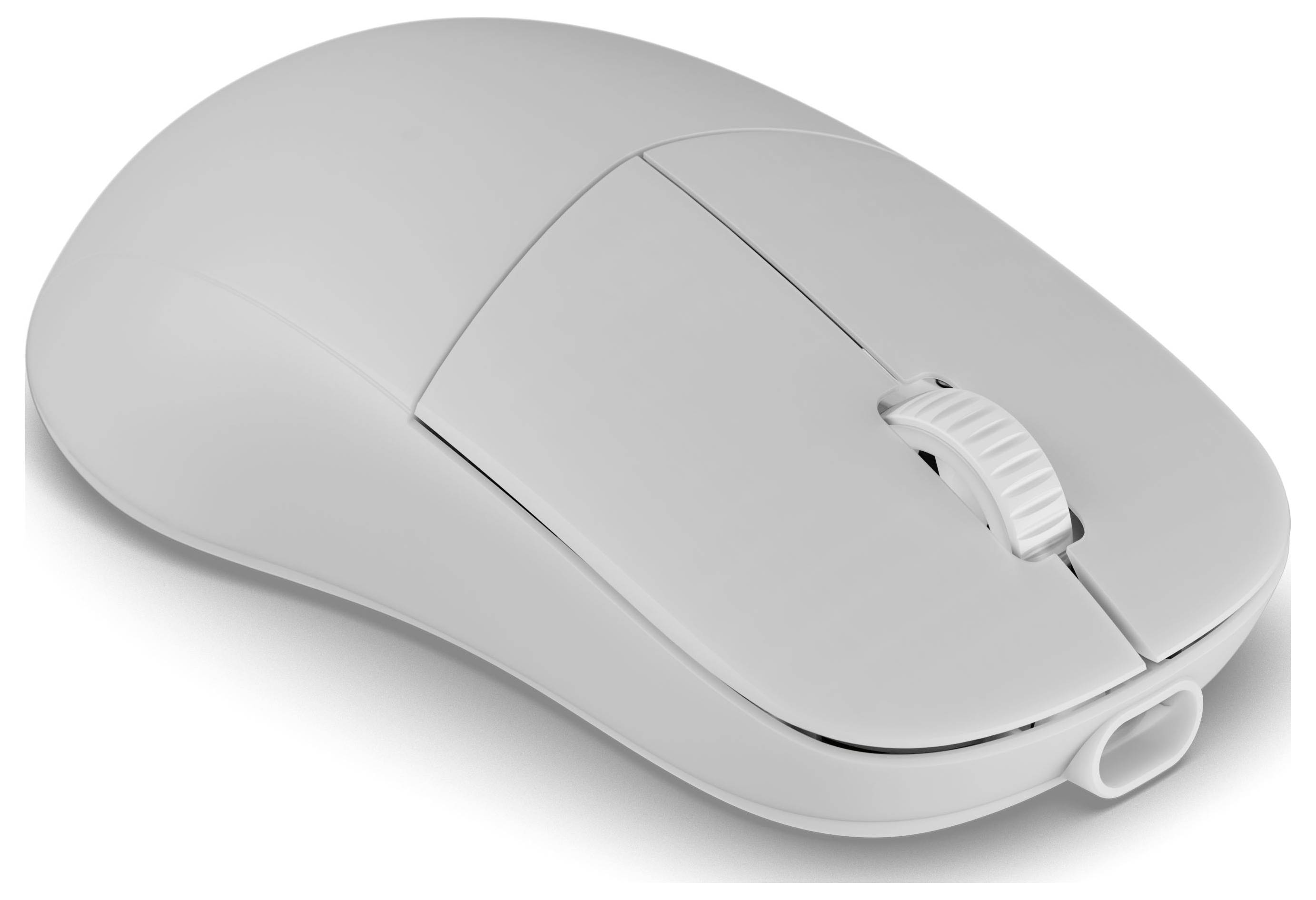 Eine weiße Computermaus mit einem Scrollrad, stromlinienförmigem Design und zwei Tasten, geeignet für die Verwendung mit der rechten Hand.