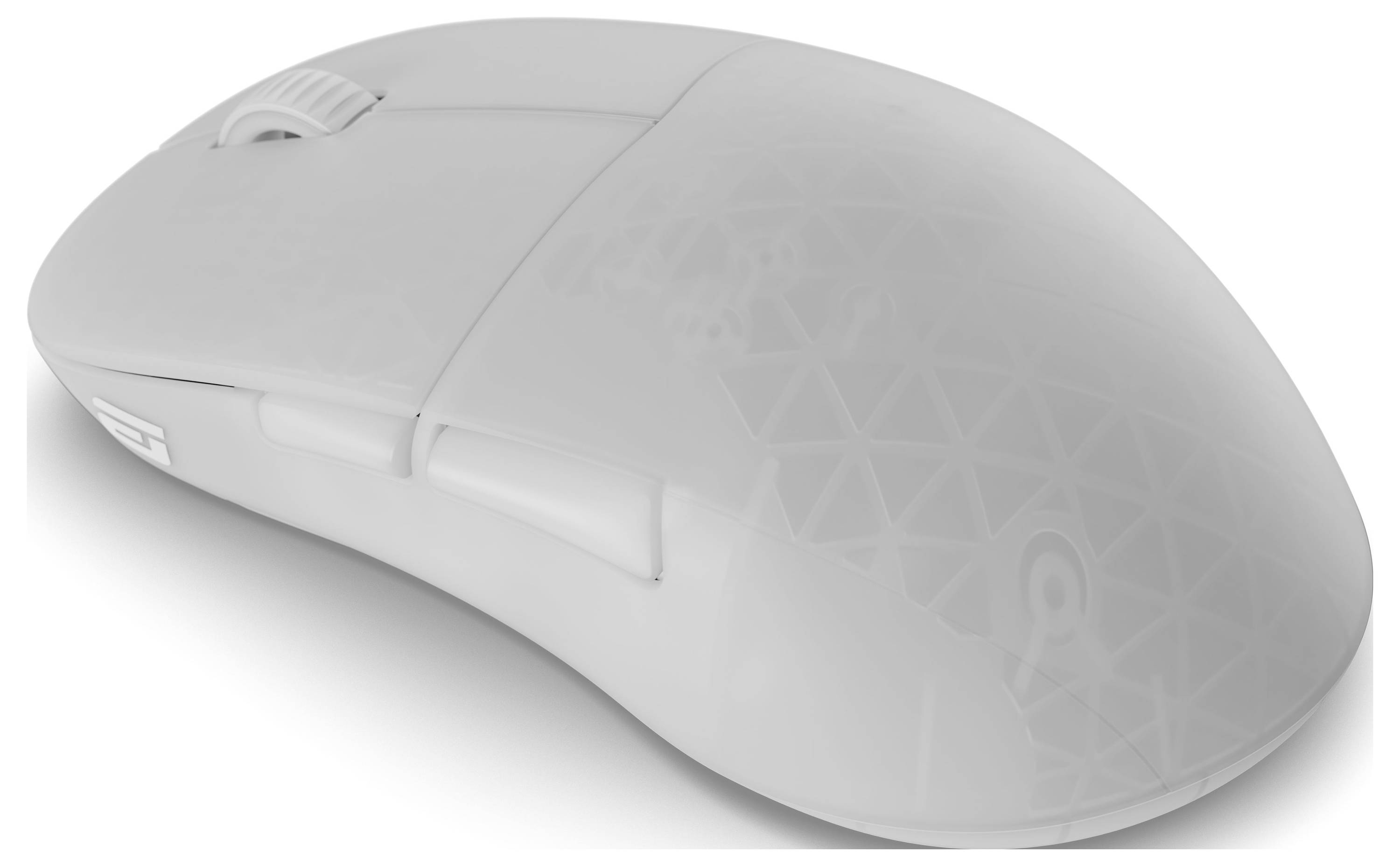 Eine weiße Computermaus mit einem geometrischen Muster auf ihrer Oberfläche, mit einem sichtbaren Scrollrad und Seitentasten.