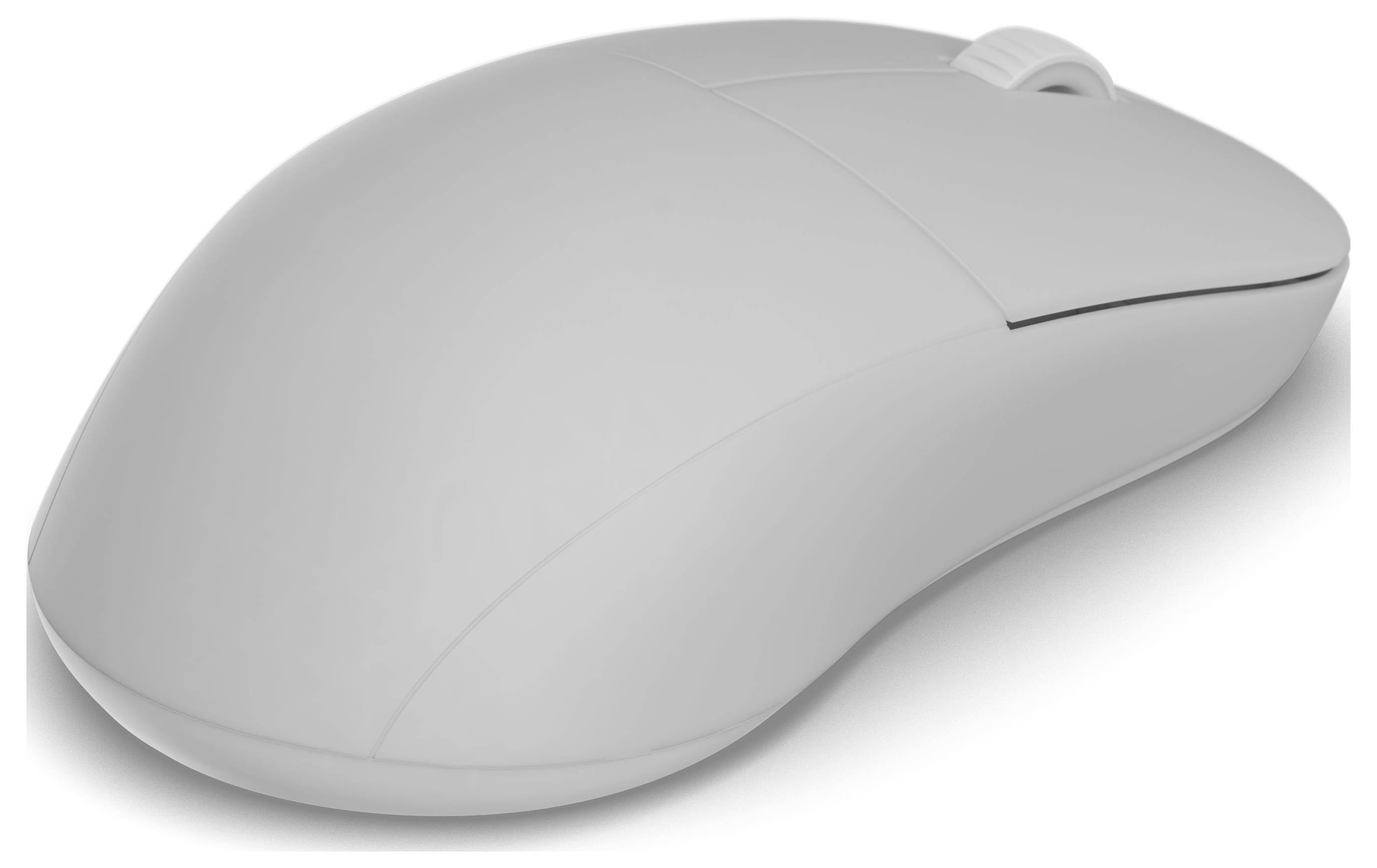 Eine weiße Computermaus mit einem Scrollrad, aus einem Winkel betrachtet, vor einem schlichten Hintergrund.