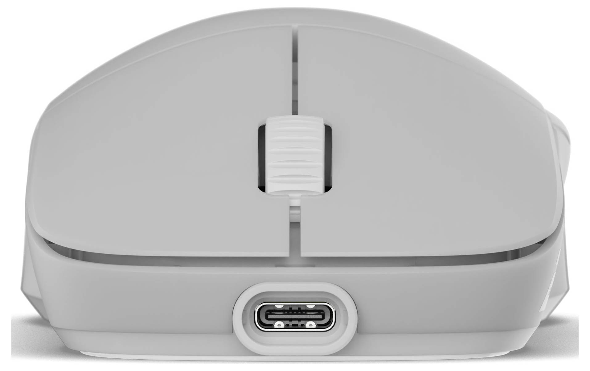 Eine weiße kabellose Computermaus von hinten gezeigt, mit einem USB-C-Ladeanschluss und einem zentralen Scrollrad.