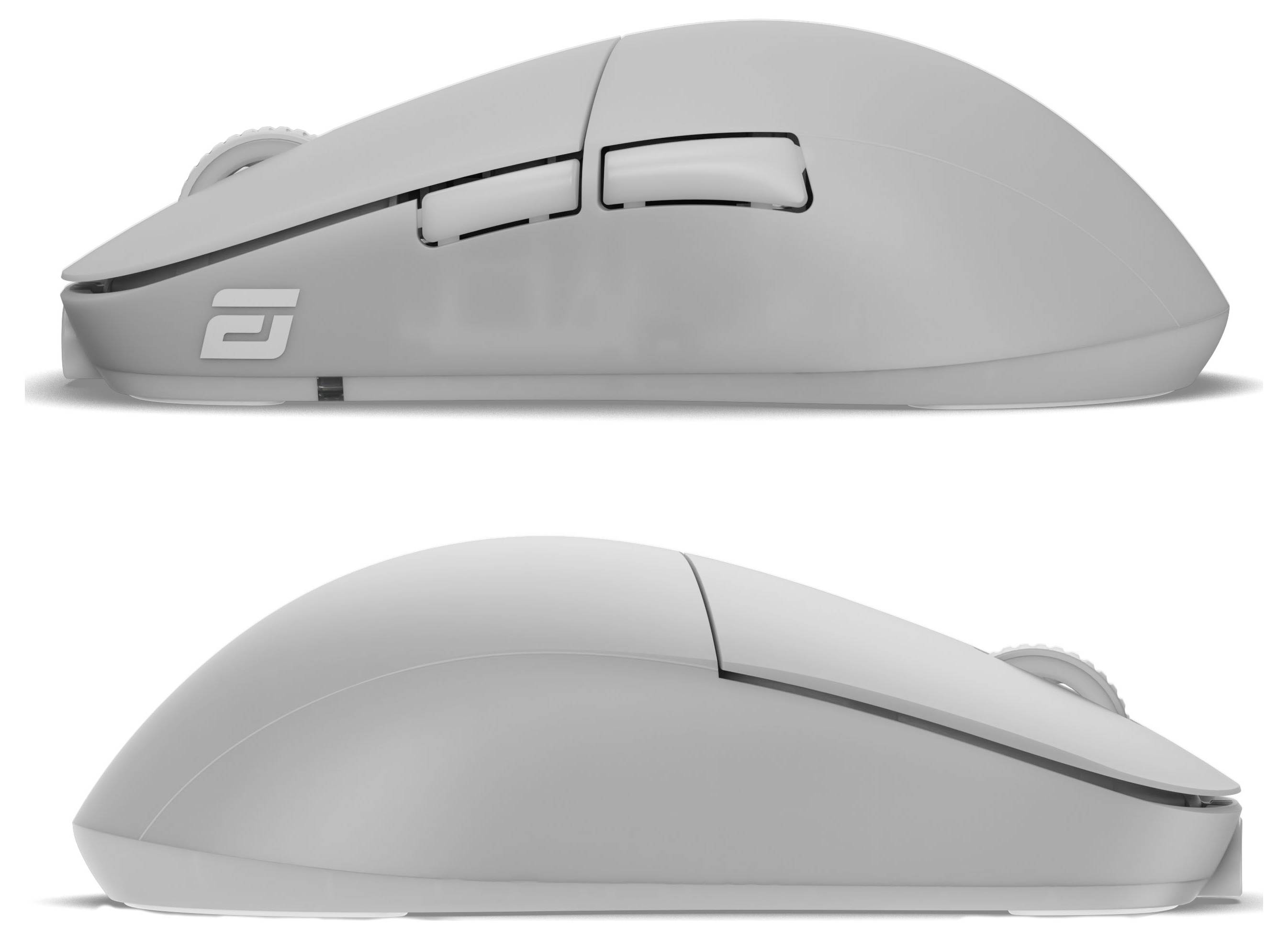 Zwei drahtlose Computermäuse in Profilansicht, eine über der anderen. Beide haben elegante, minimalistische Designs in Hellgrau und verfügen über zwei Seitentasten und ein Scrollrad.