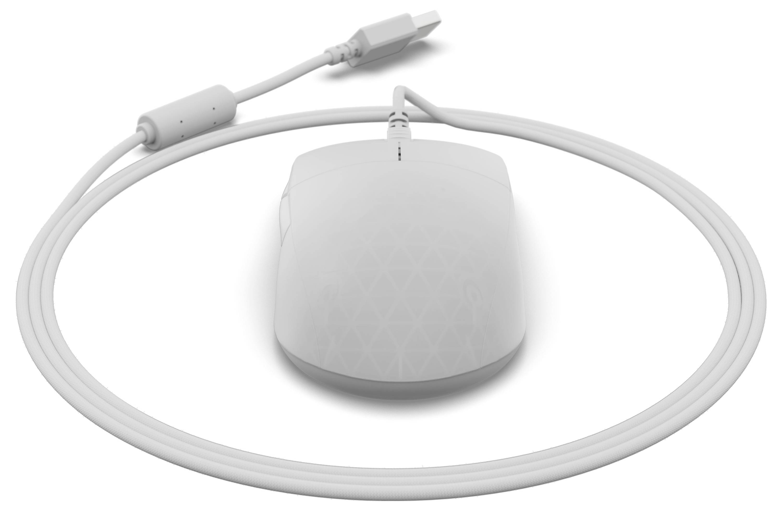 Eine weiße schnurgebundene Computermaus mit USB-Anschluss, positioniert auf weißem Hintergrund, das Kabel ringförmig um sie herum angeordnet.