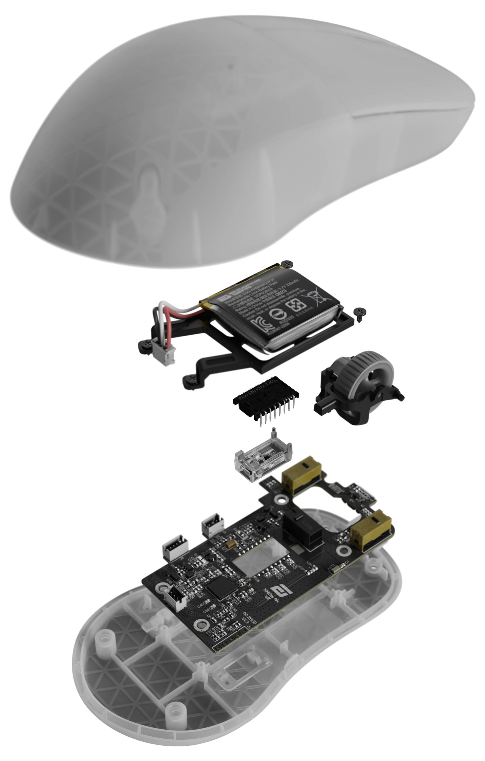 Eine Explosionszeichnung einer Computermaus, die ihre Außenschale, Batterie, Scrollrad, Leiterplatte und interne Komponenten zeigt.