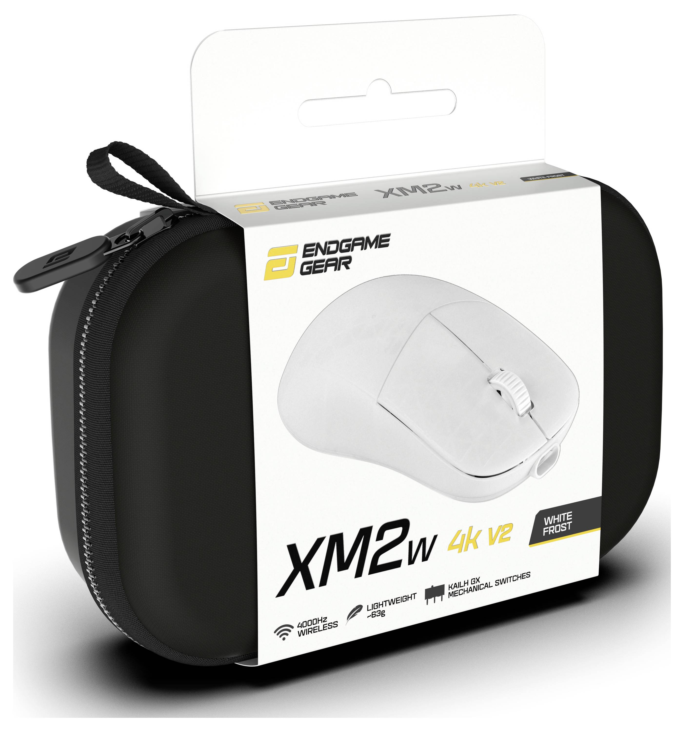 # Endgame Gear XM2w 4K V2 Wireless Mouse Packaging<br><br>Die Verpackung zeigt eine kabellose Maus von Endgame Gear, das Modell XM2w 4K V2. Die Schachtel hebt folgende Hauptmerkmale hervor: leichtgewichtig, 4K, Kailh GM 8.0 Schalter.