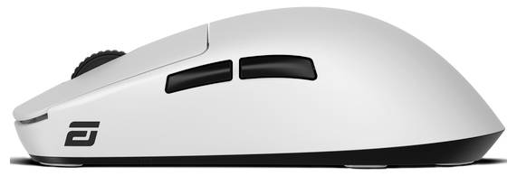 Weiße Gaming-Maus mit zwei seitlichen Tasten und einem Scrollrad, von der Seite gezeigt.
