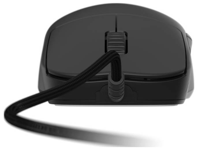 Eine schwarze Computermaus mit einem geflochtenen Kabel, das sich zum Betrachter hin erstreckt und das von vorne sichtbare ergonomische Design hervorhebt.