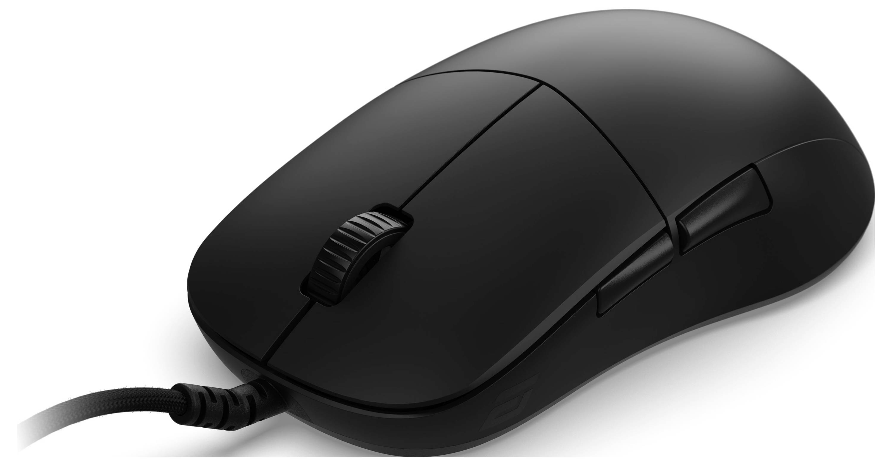 Eine schwarze Computermaus mit einem Scrollrad und zwei Tasten oben, die durch ein Kabel verbunden ist.