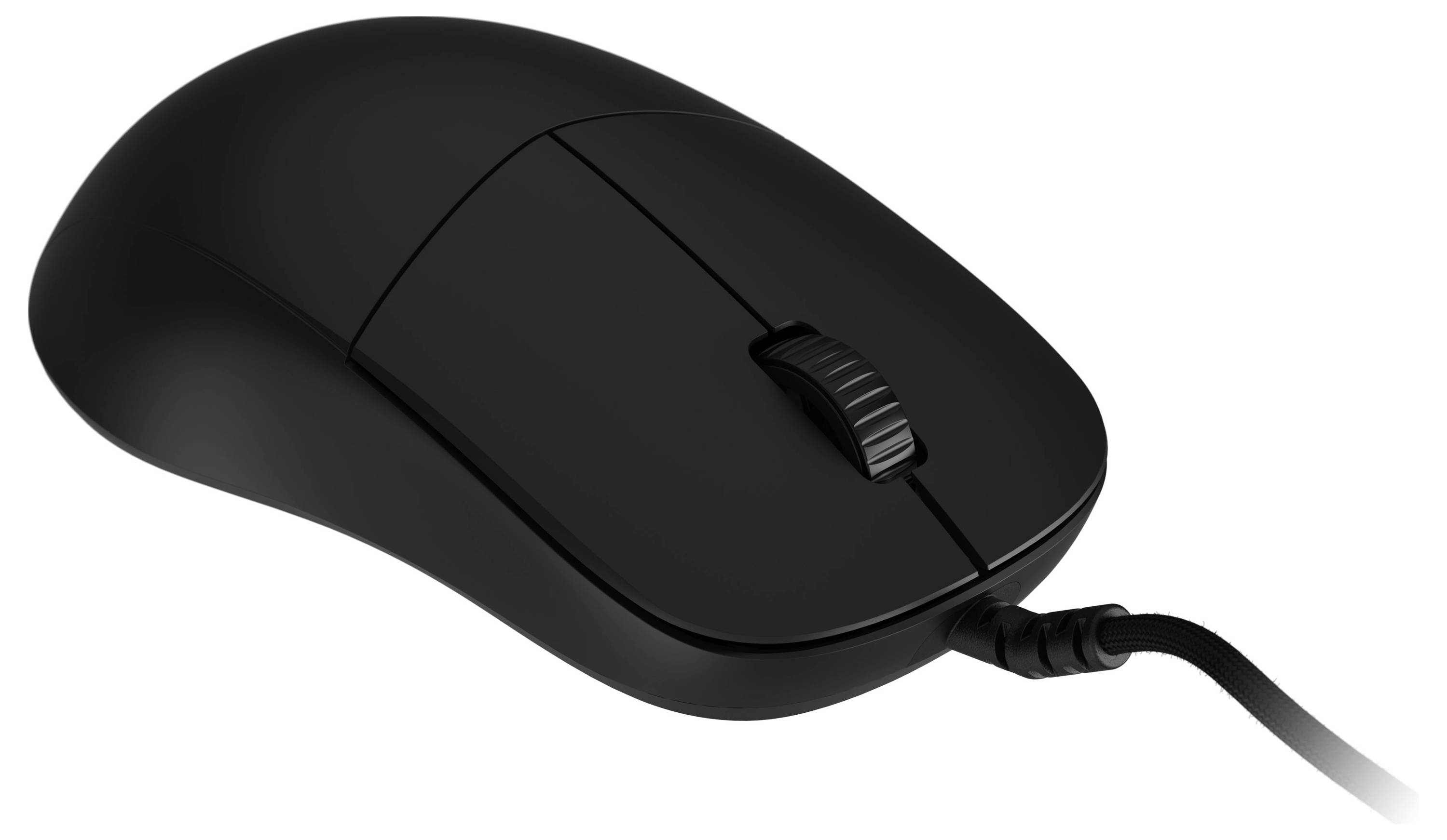 Eine schwarze Computermaus mit einem Scrollrad und einem Kabel, das von der Vorderseite herausragt.